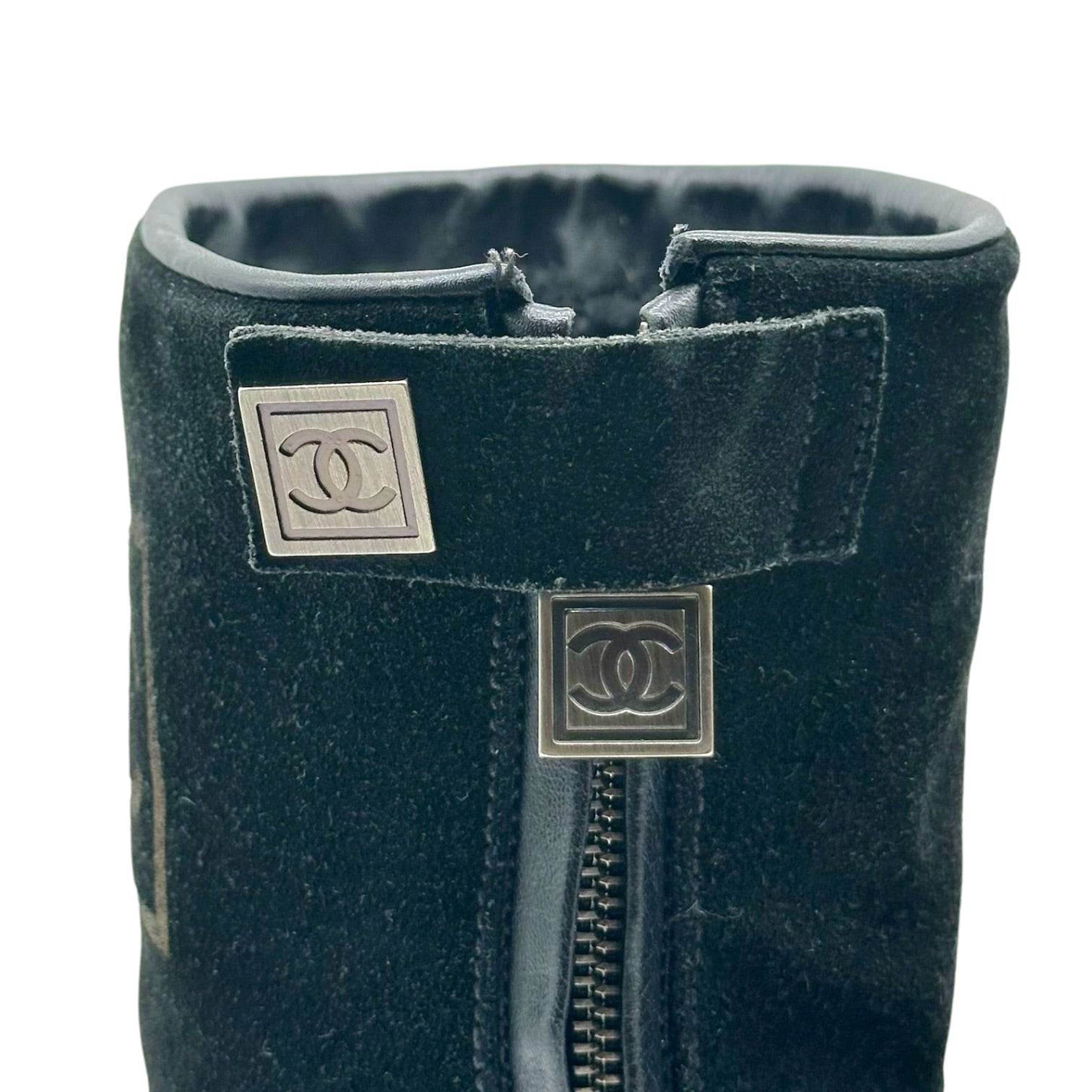 Chanel Sport Black Suede Shearling Lined Engineer Boots