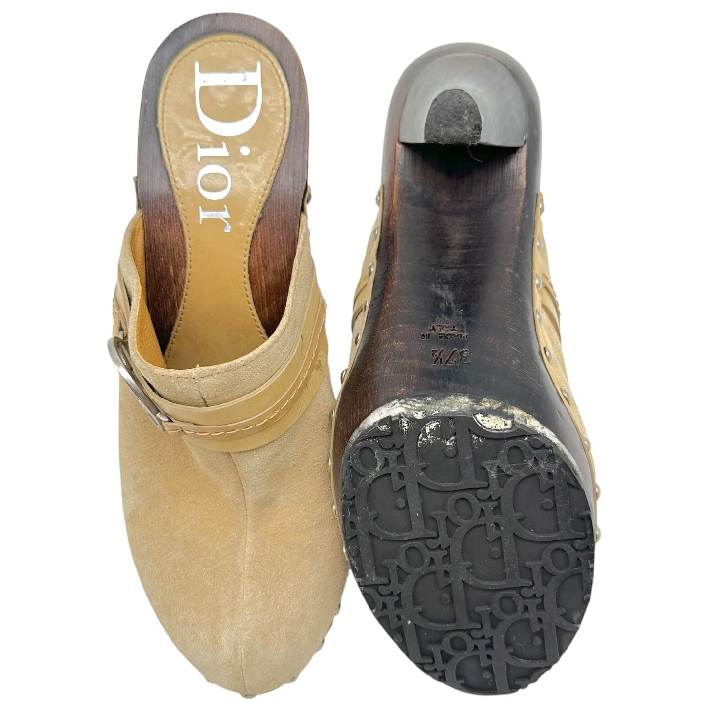 Christian Dior Tan Suede Mule Clogs With Wooden Heel