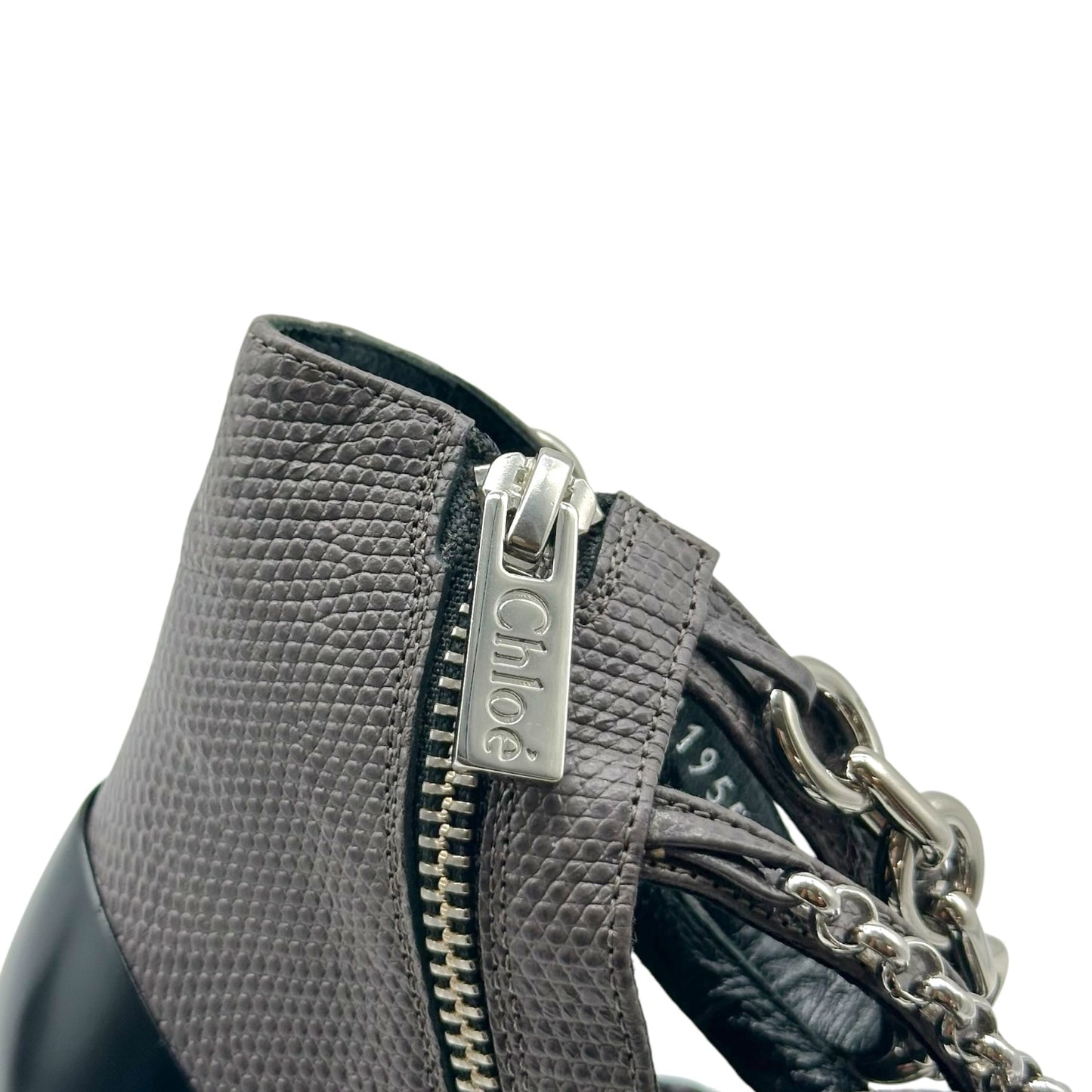 Chloé Dark Gray Lizard Embossed Silver Chain Strappy Sandal Heels