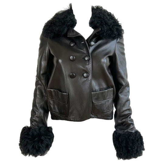 Balenciaga Black Leather Fur Trim Jacket