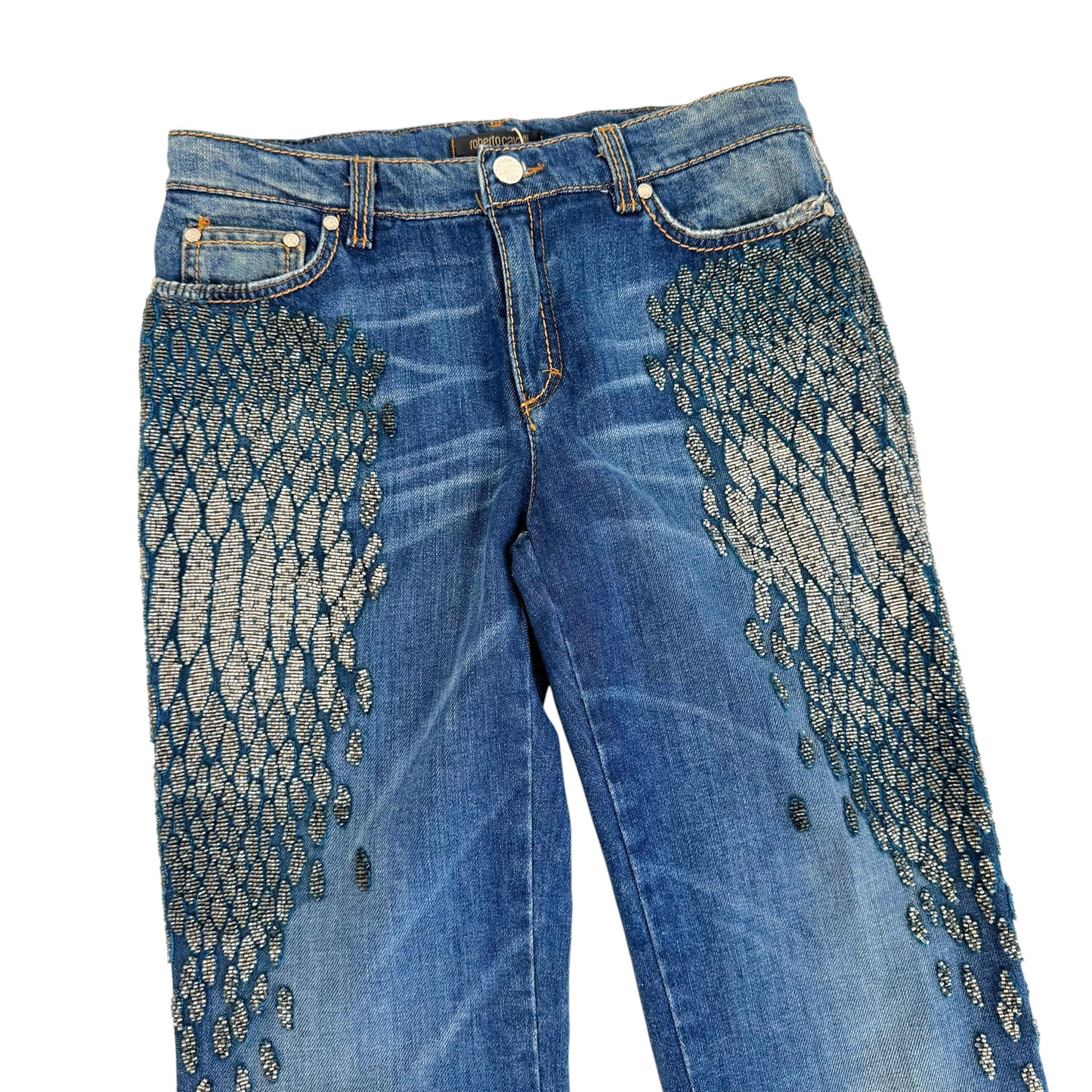 Roberto Cavalli Silver 'Scale' Beaded Dark Wash Bootcut Jeans NEW