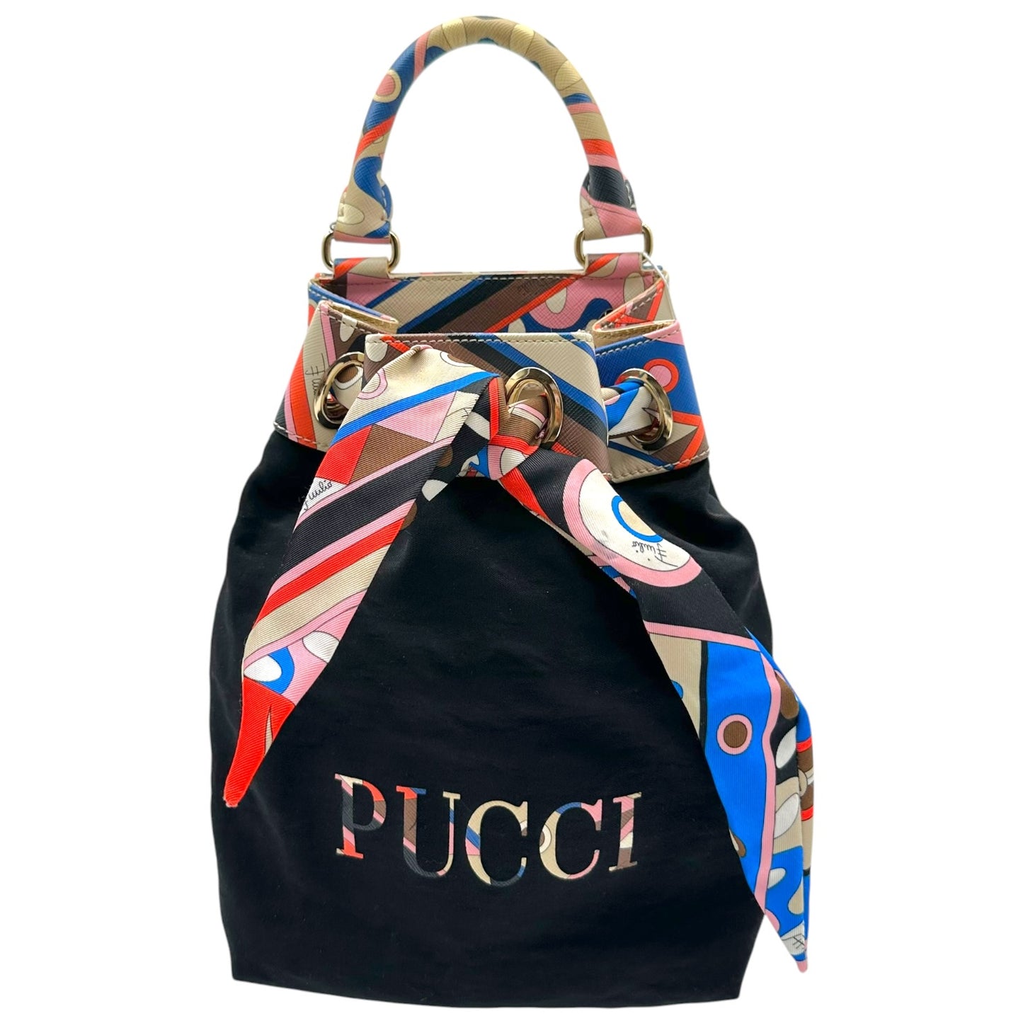 Emilio Pucci Black Multicolor Printed Logo Bucket Bag