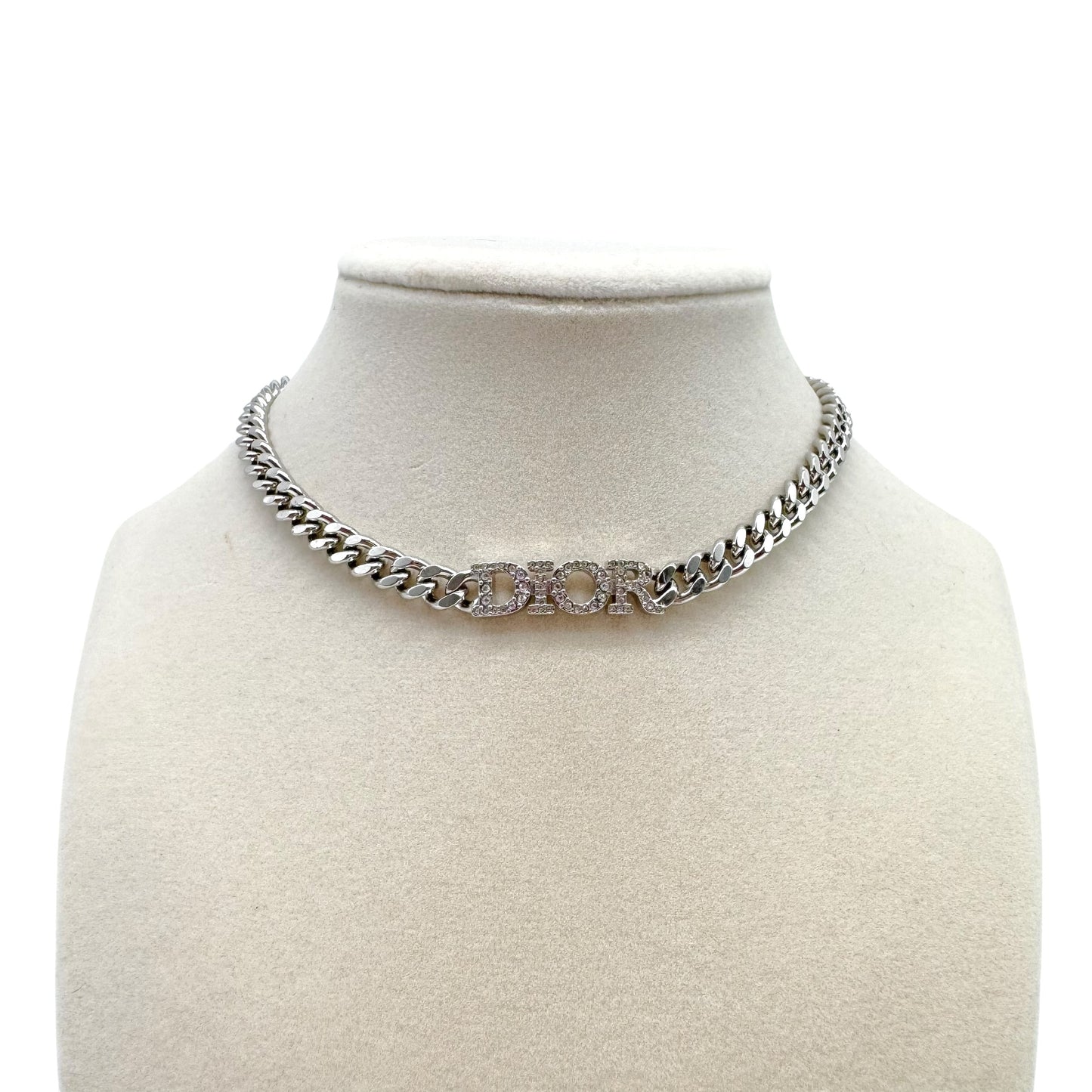 Christian Dior Silver Crystal Curb Chain Choker Necklace
