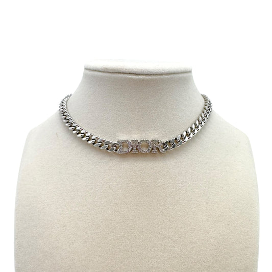 Christian Dior Silver Crystal Curb Chain Choker Necklace