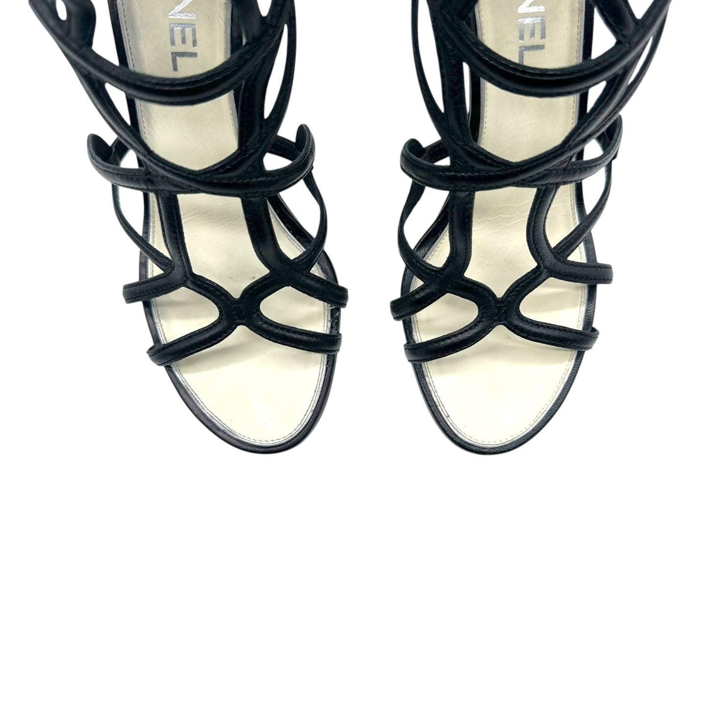 Chanel Black Leather Knee High Gladiator Wedge Sandals