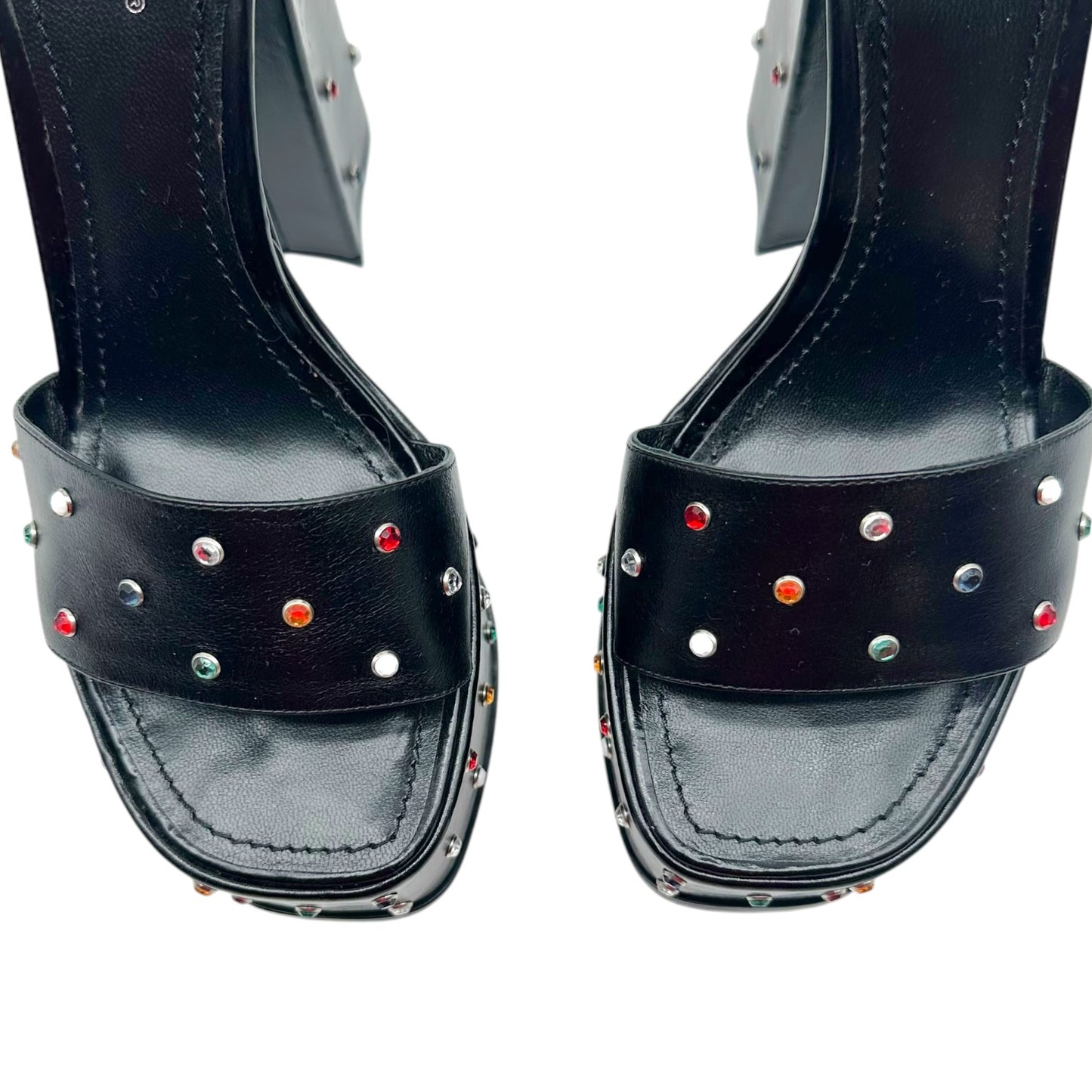 Louis Vuitton 2023 Multicolor Rhinestone Studded Black Leather Platform Sandals