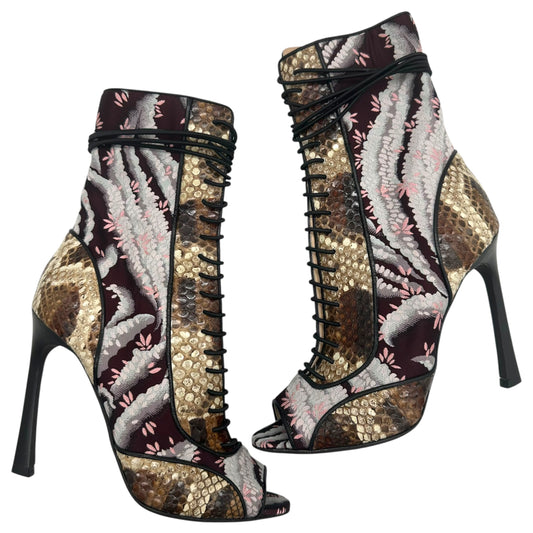 Giambattista Valli Snakeskin & Floral Lace Up Peep Toe Boots