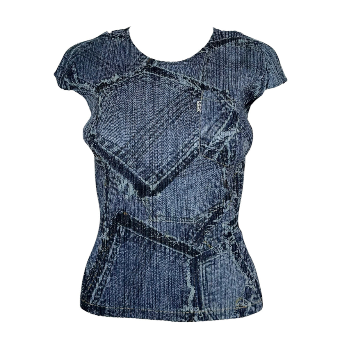 Issey Miyake Pleats Please Patchwork Denim Print Pleated T-Shirt Sz 3