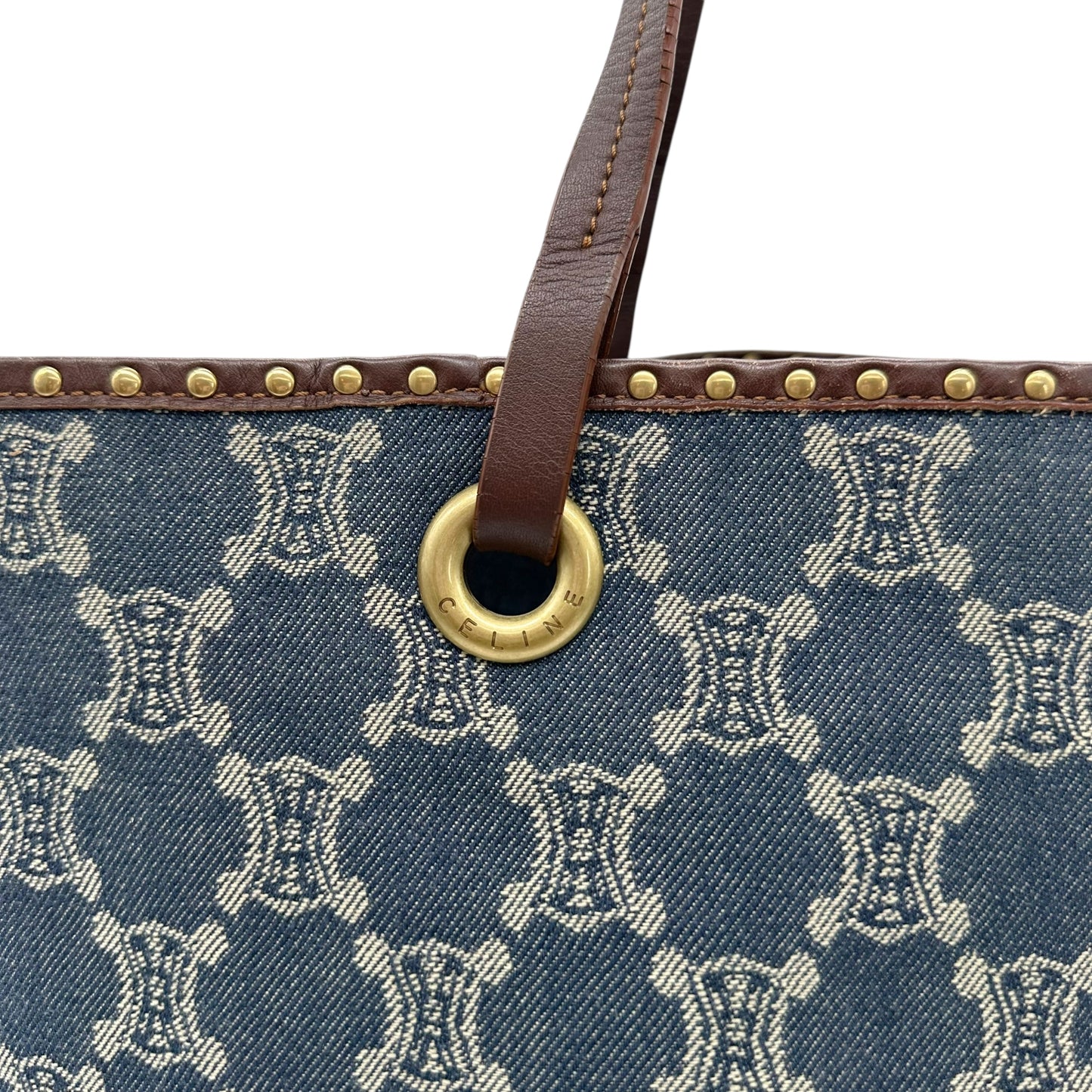 Celine Denim Triomphe Monogram Studded Tote Bag