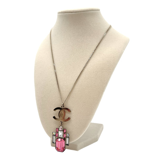 Chanel Spring 2005 Silver & Pink Crystal Larait Logo Necklace