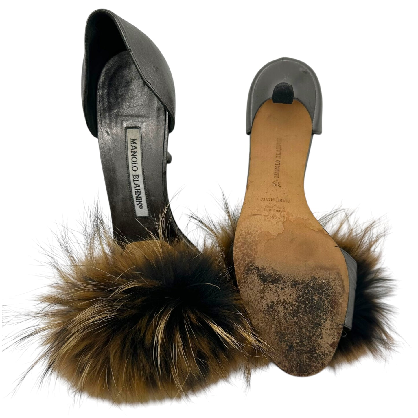 Manolo Blahnik Metallic Silver & Brown Fox Fur D'Orsay Heels