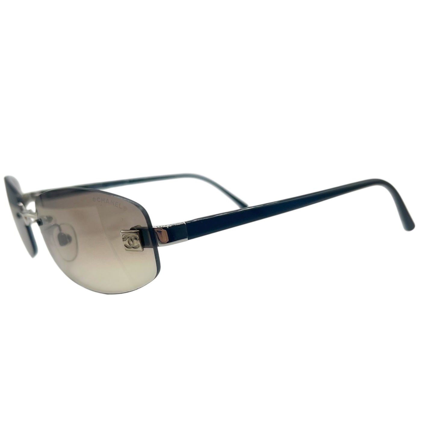 Chanel Gray & Black Logo Lens Rimless Oval Sunglasses 4067
