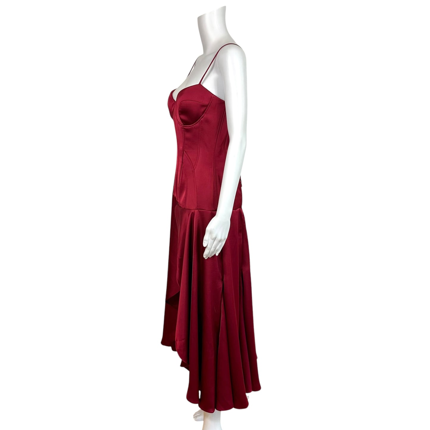 Fanci Club Clavicle Red Lace Up Corset Satin Midi Dress w/ Slit NEW