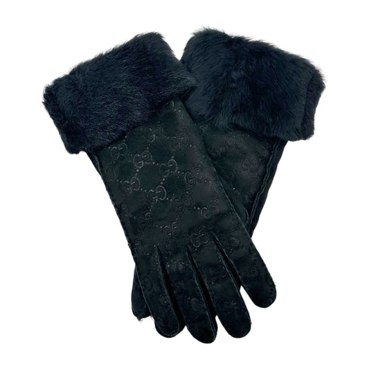Gucci Black Logo Embossed Shearling Gloves
