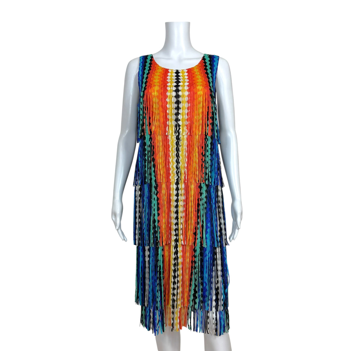 Issey Miyake Pleats Please Multicolor Diamond Print Fringe Trim Midi Dress Sz 3