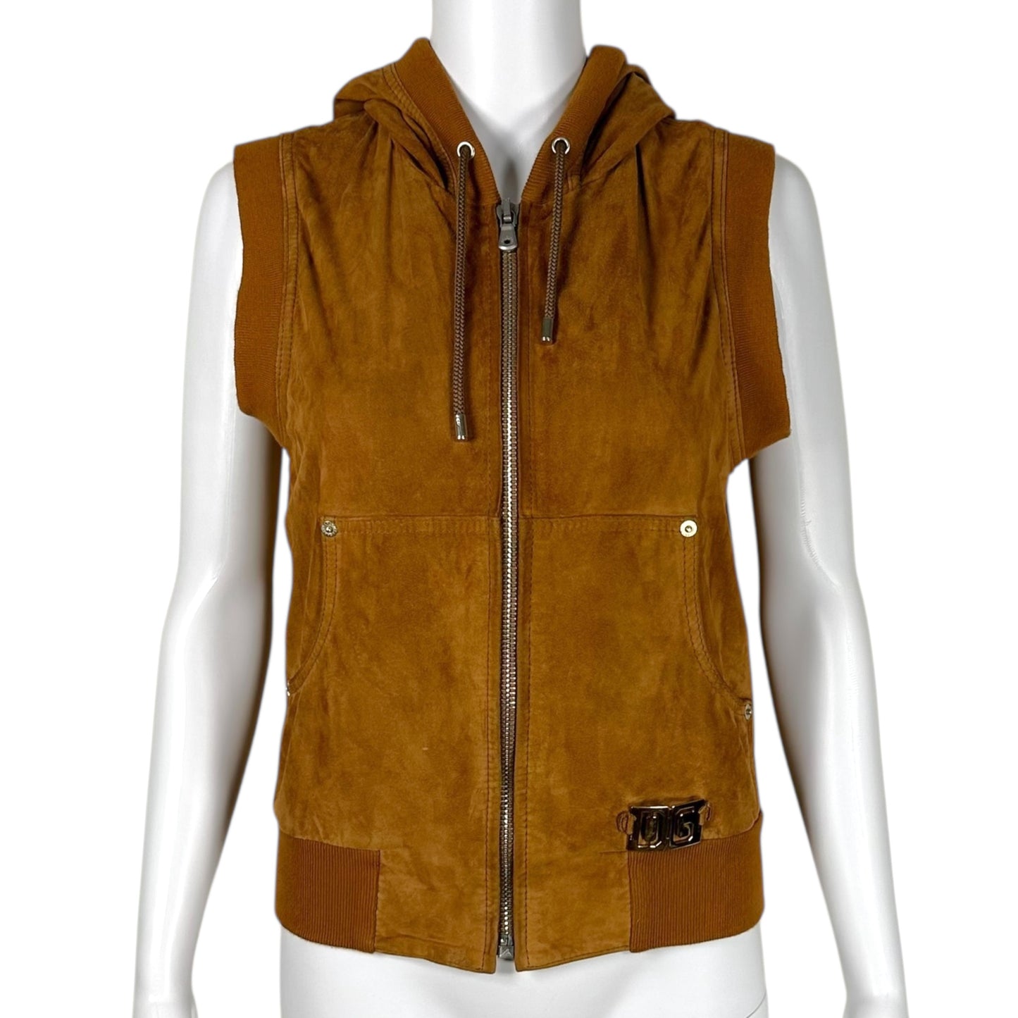 Dolce & Gabbana Brown Suede Hooded Logo Charm Vest