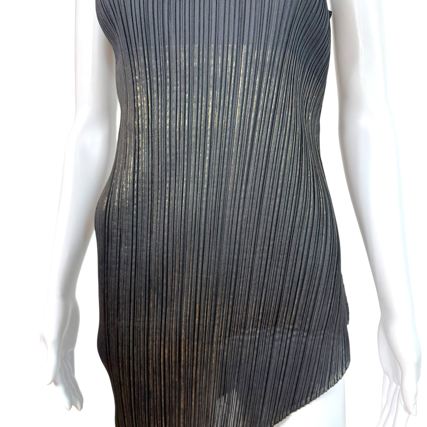 Issey Miyake Pleats Please Black & Metallic Asymmetrical Mini Dress Sz 4
