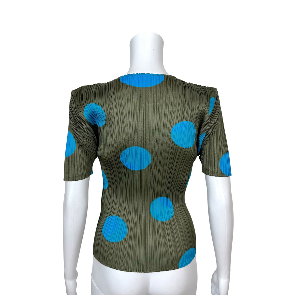 Issey Miyake Pleats Please Khaki Green & Turquoise Polka Dot Print Short Sleeve To Sz 3