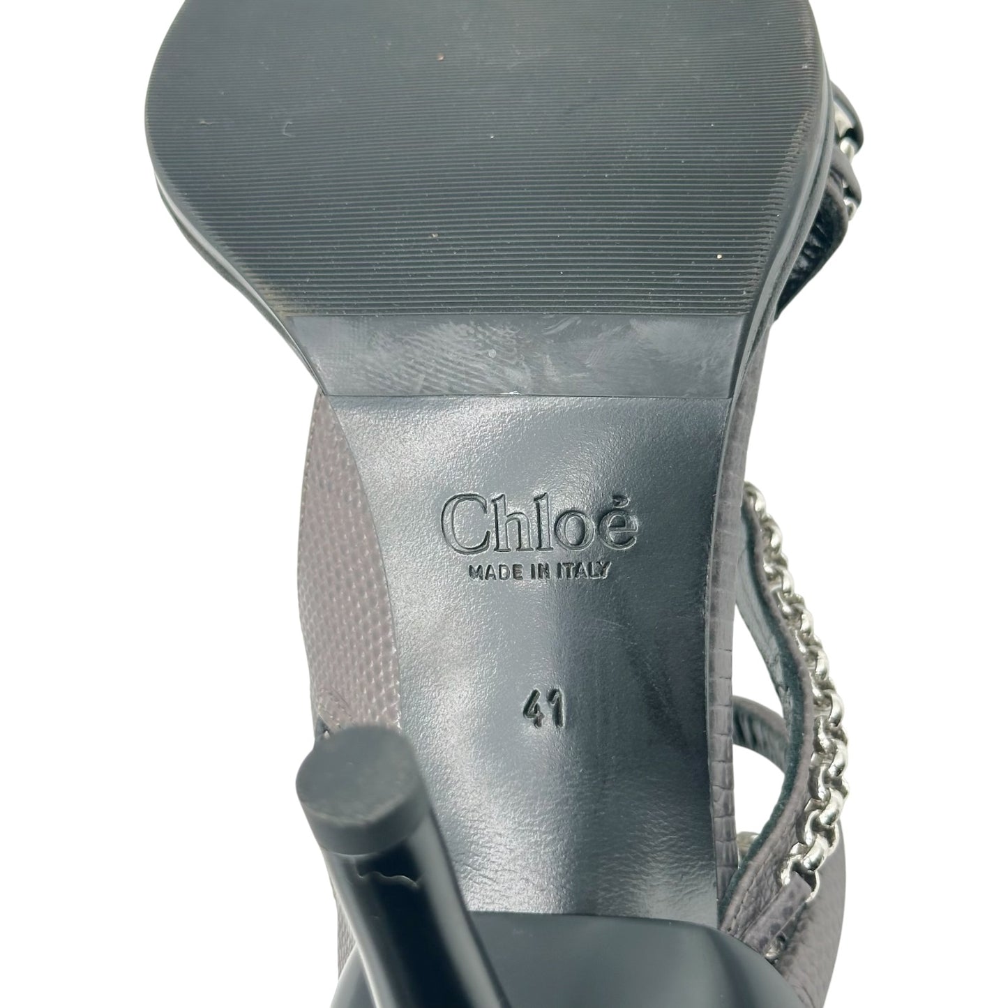 Chloé Dark Gray Lizard Embossed Silver Chain Strappy Sandal Heels