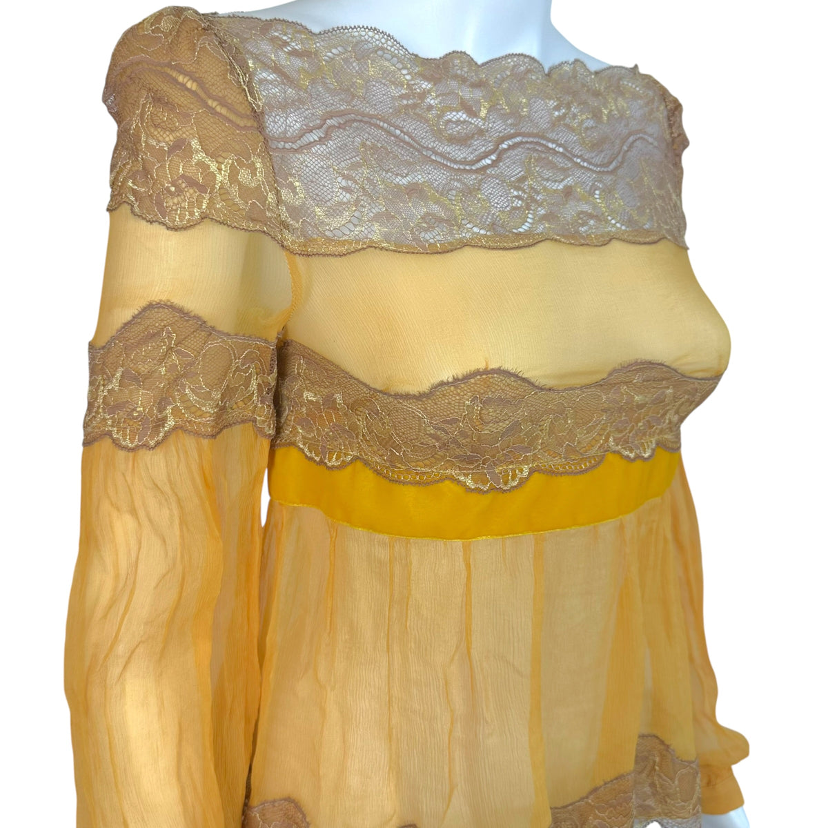 Dolce & Gabbana Gold Sheer Silk Blouse with Taupe Lace