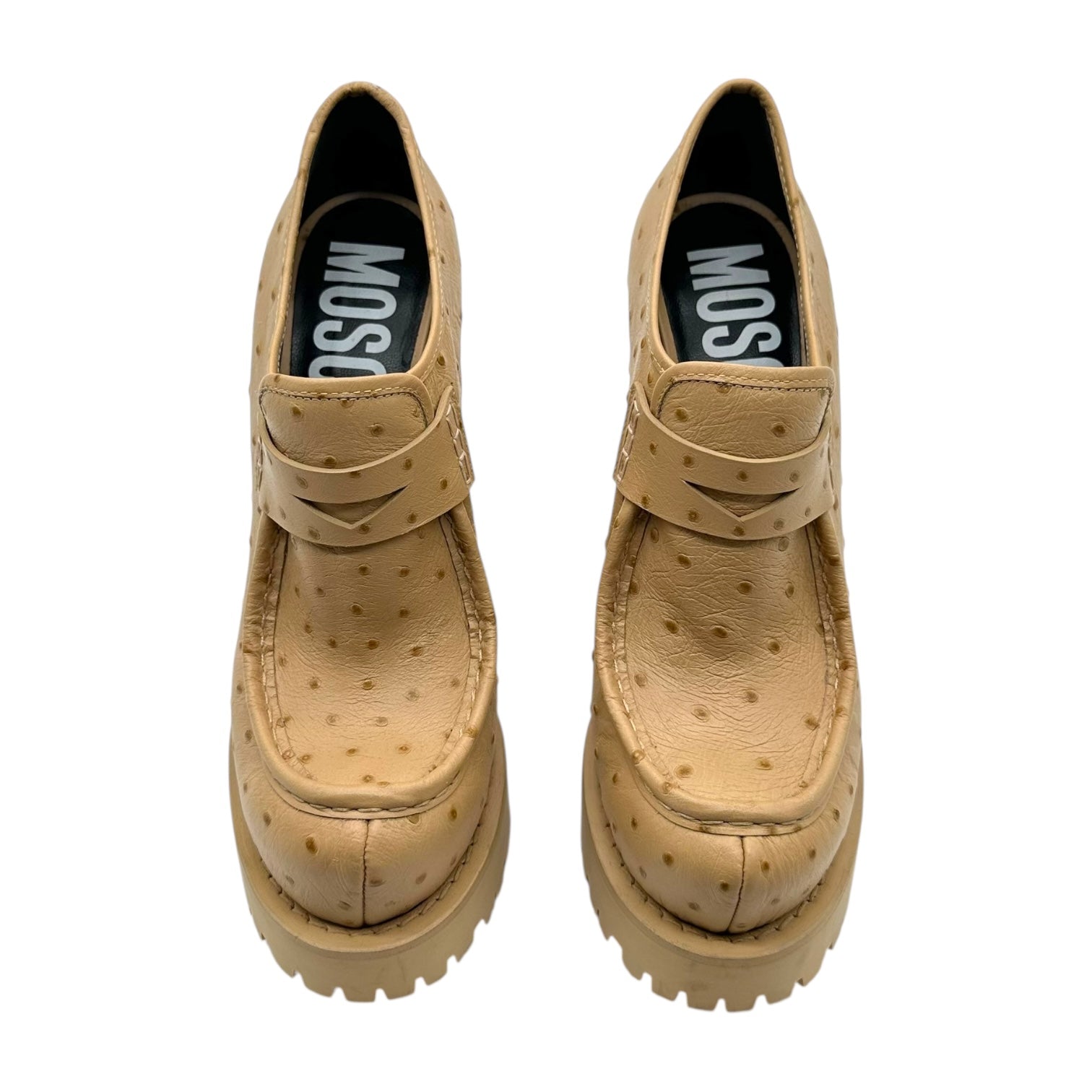 Moschino Tan Ostrich Leather Heeled Platform Loafers - Outfit Repeater