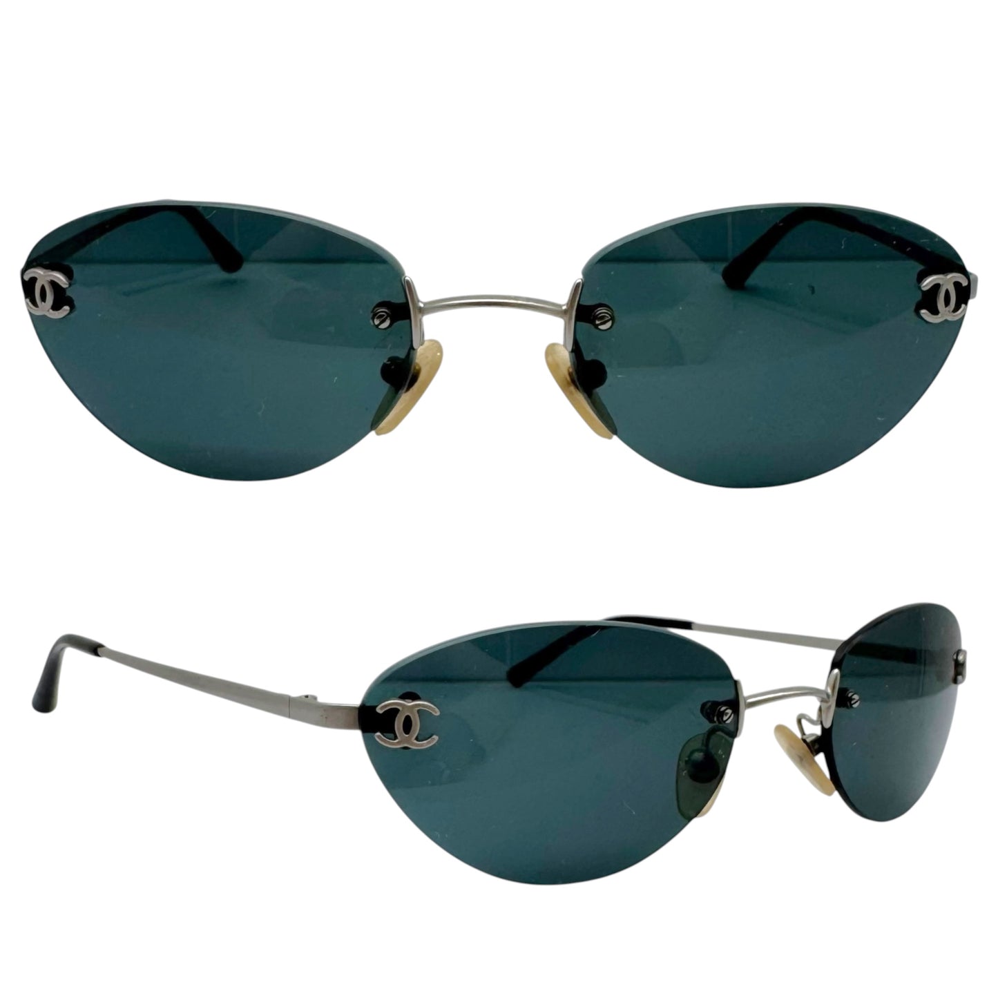 Chanel Rimless Oval Sunglasses Black Silver Logo
