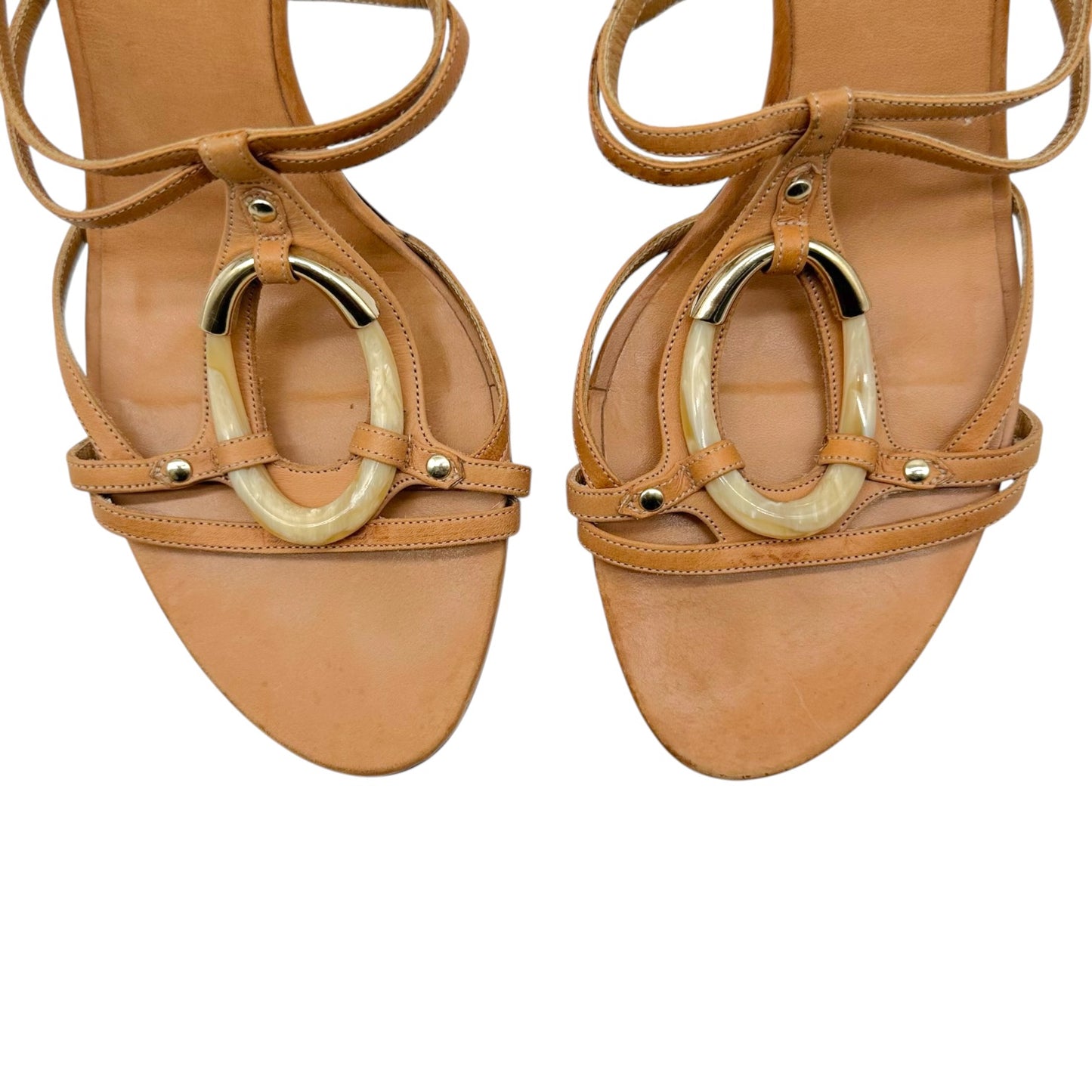 Valentino Garavani Tan Leather & Stone Embellished Strappy Mule Heels