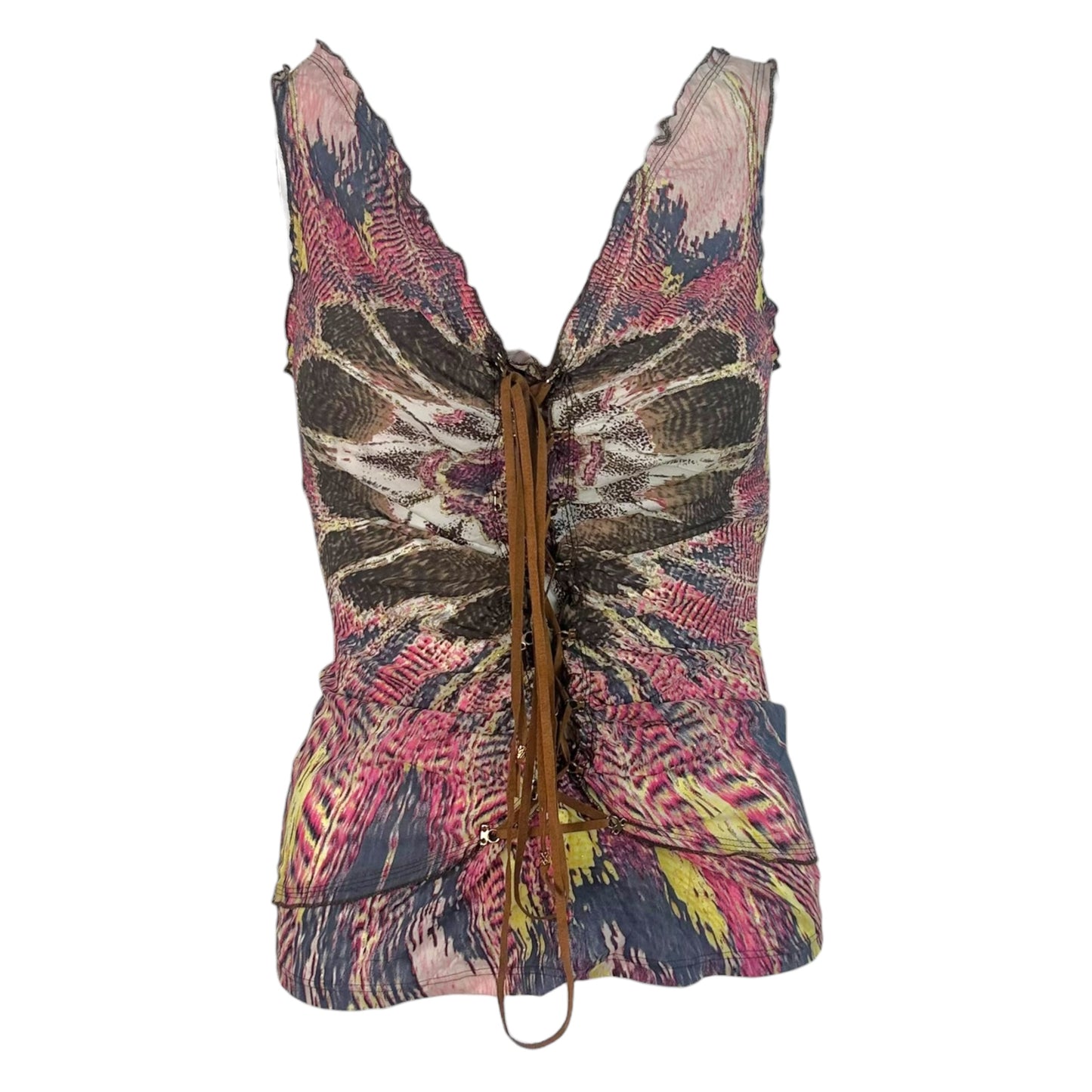 Roberto Cavalli Silk Tank Top Capri Pants Set Pink Multi Feather Print
