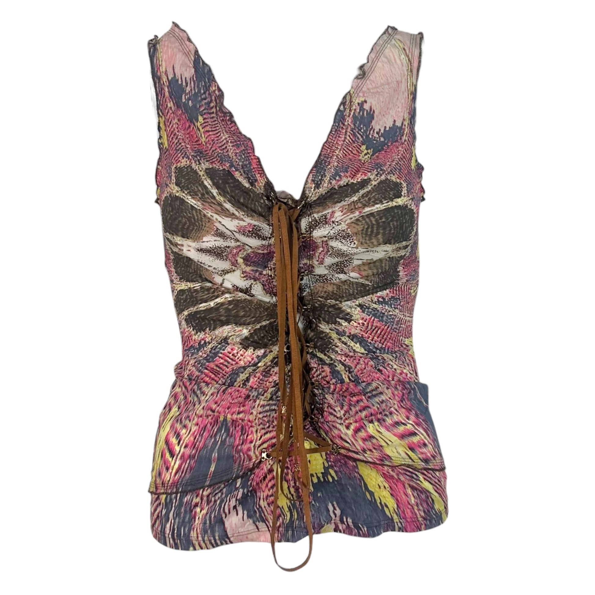 Roberto Cavalli Silk Tank Top Capri Pants Set Pink Multi Feather Print