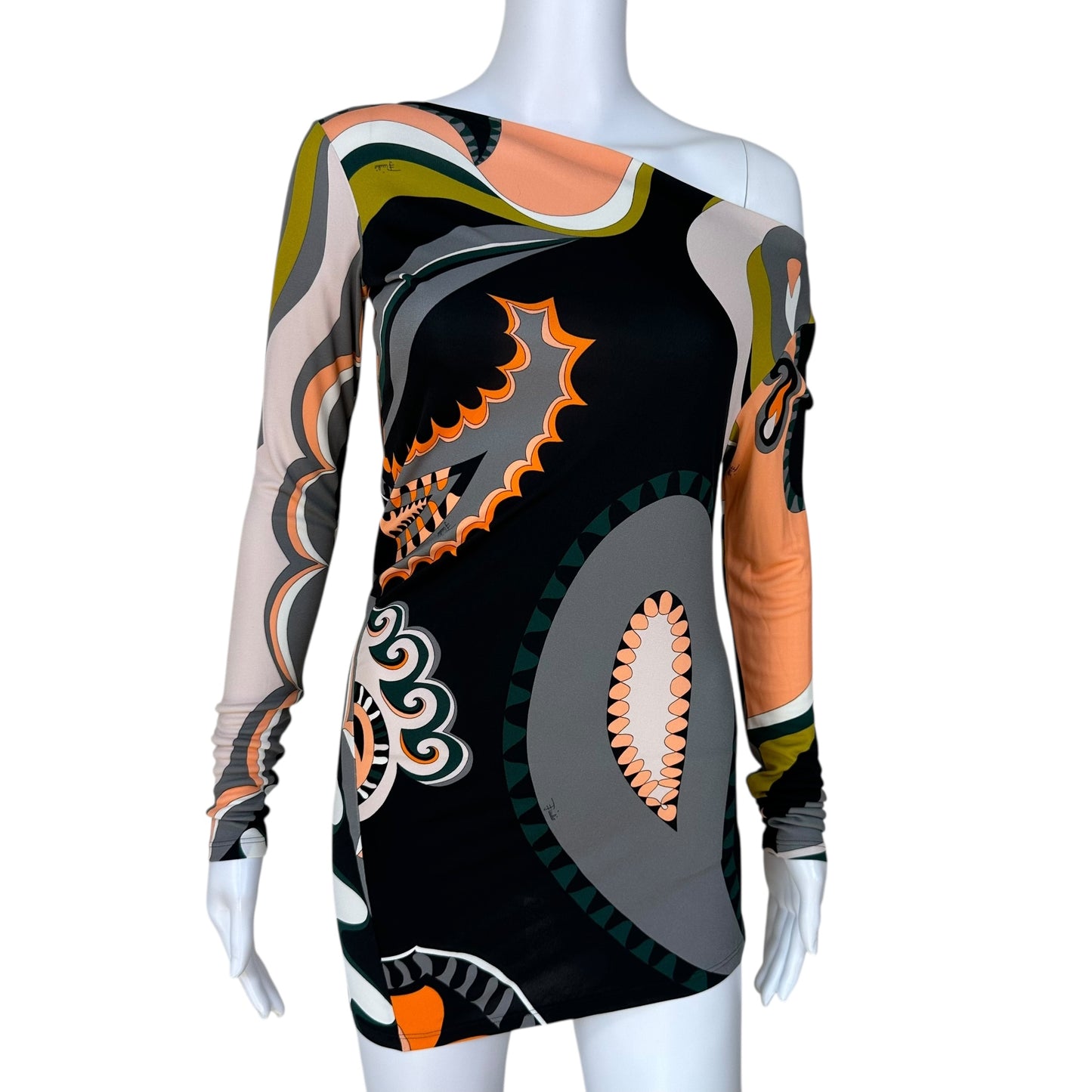 Emilio Pucci Orange & Black Printed Asymmetrical Long Sleeve Top - Outfit Repeater
