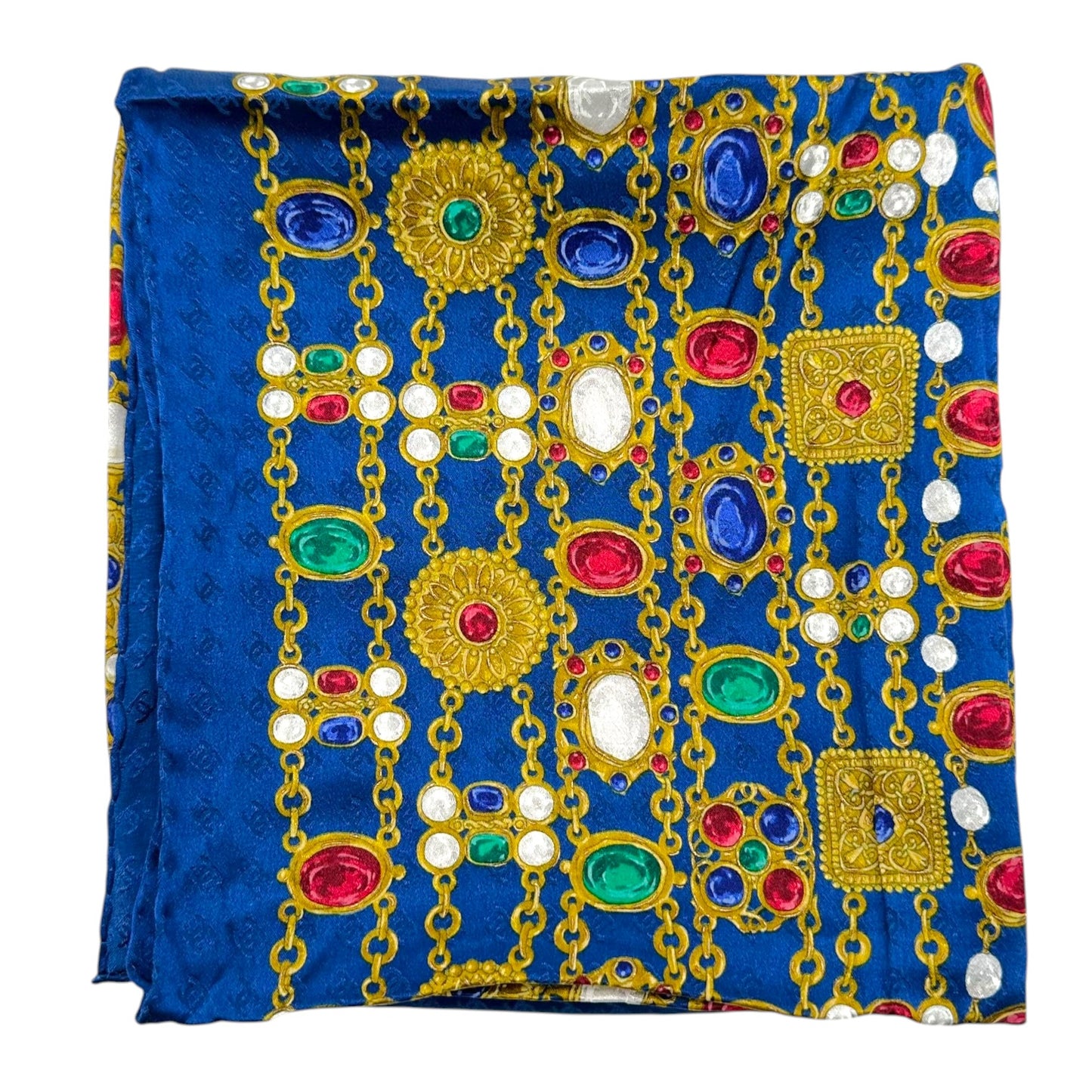 Chanel Silk Square Scarf Royal Blue Gold Jewelry Print
