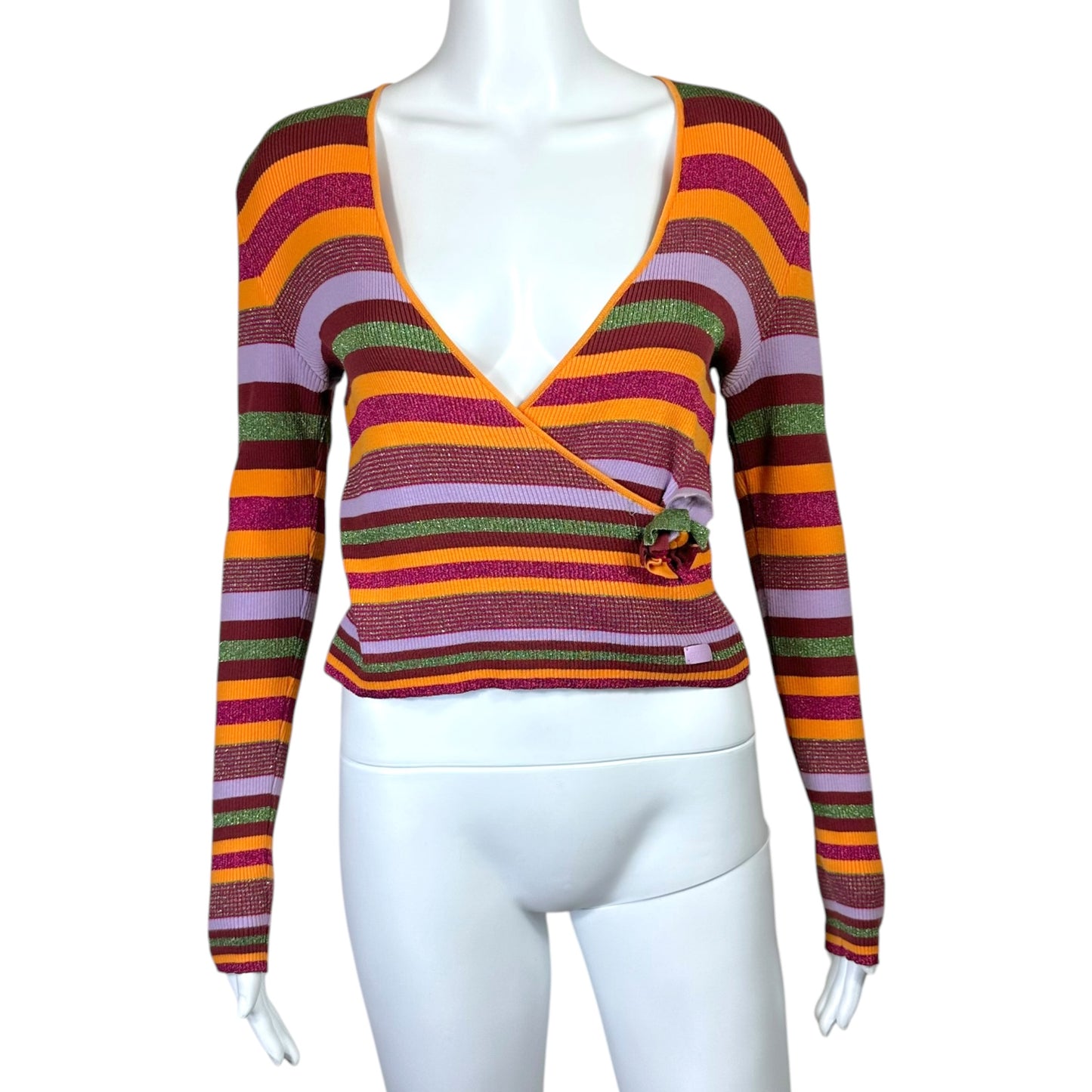 Chanel Spring 2001 Purple & Orange Metallic Striped Wrap Style Sweater Top