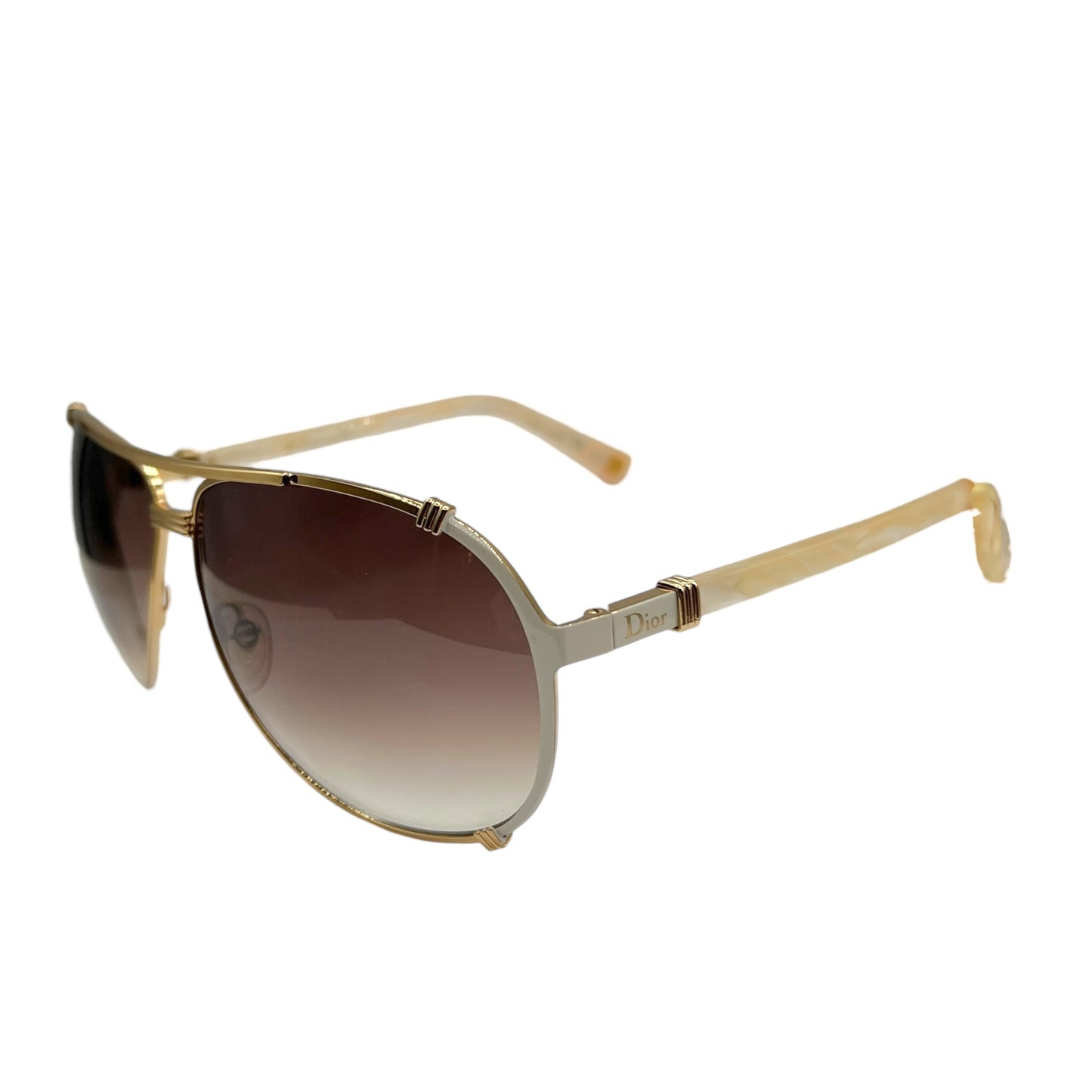 Christian Dior Gold & White Brown Lens Aviator Sunglasses DiorChicago2 w/ Case