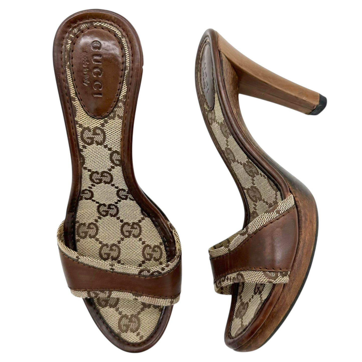Gucci Tan Monogram Heeled Mule Sandals - Outfit Repeater