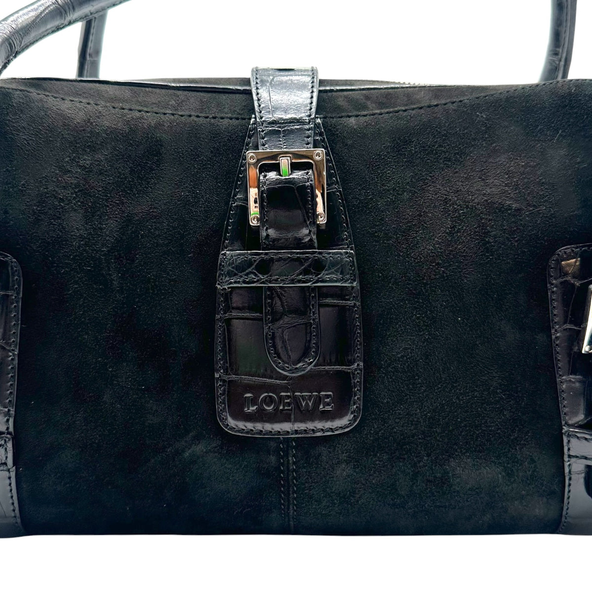 Loewe Black Suede Croc Embossed Shoulder Bag