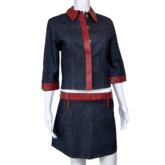 D&G Dolce & Gabbana Dark Denim & Red Leather Skirt & Jacket Set