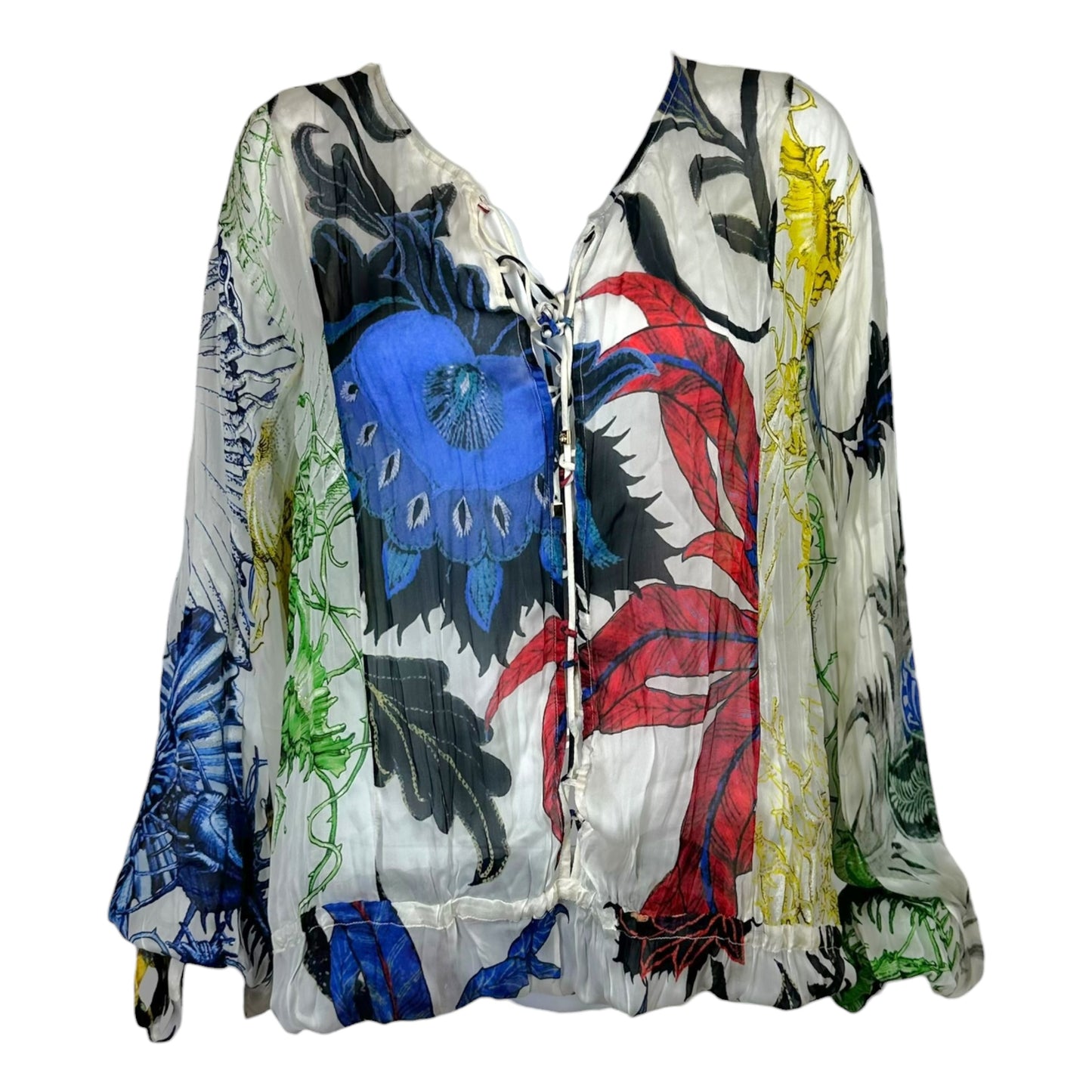 Roberto Cavalli Primary Color Floral Printed Sheer Silk Lace-Up Blouse