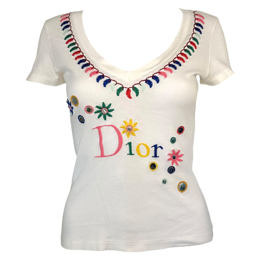 Christian Dior S/S 2005 Multicolor Embroidered V-Neck Logo T-Shirt