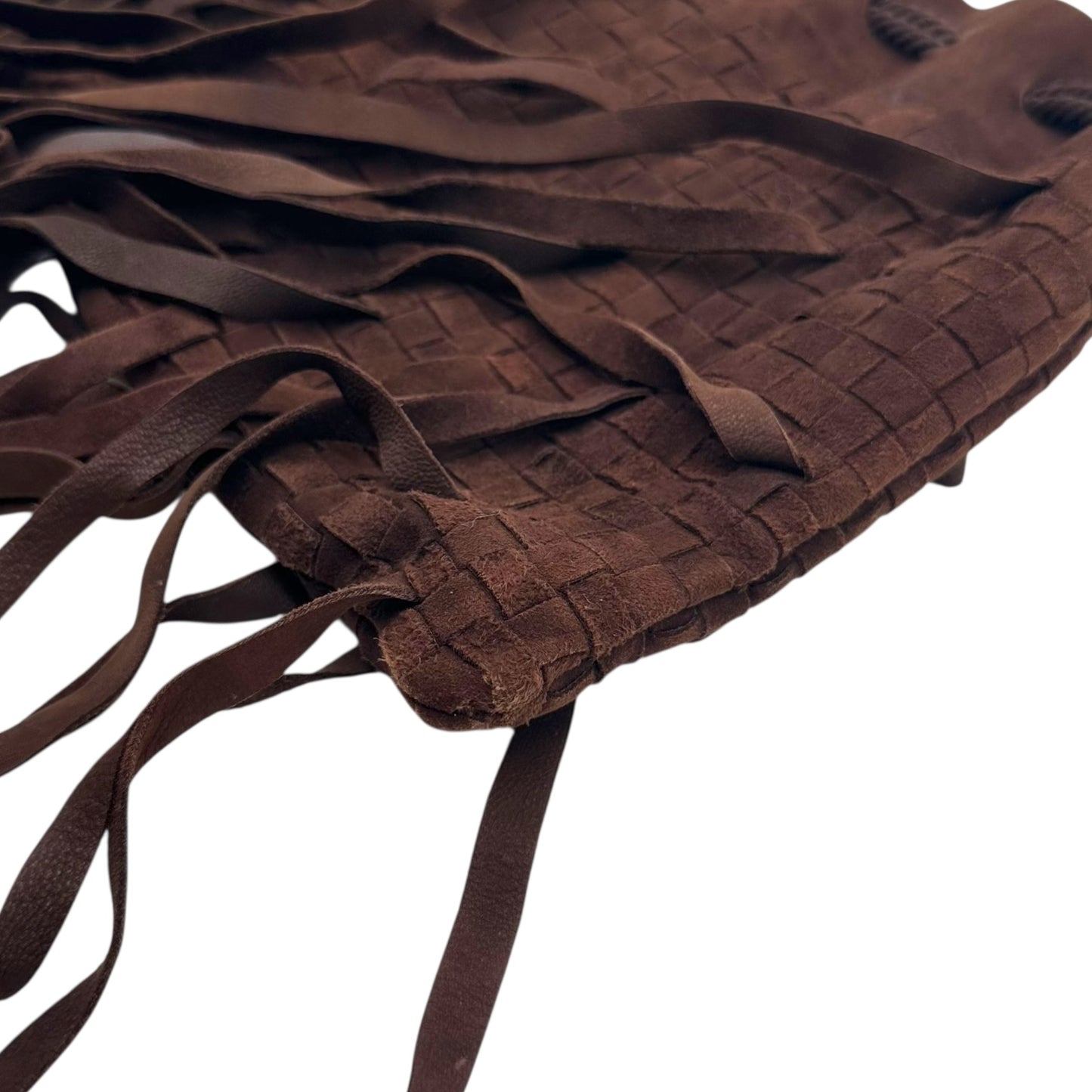 Bottega Veneta Brown Intrecciato Woven Suede Fringe Trim Clutch