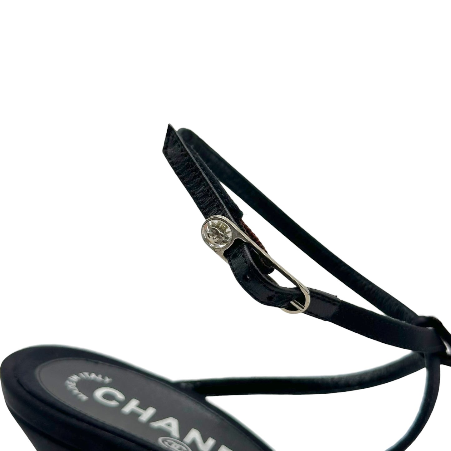 Chanel Black Silk Strappy Heels With Crystal Embellishments