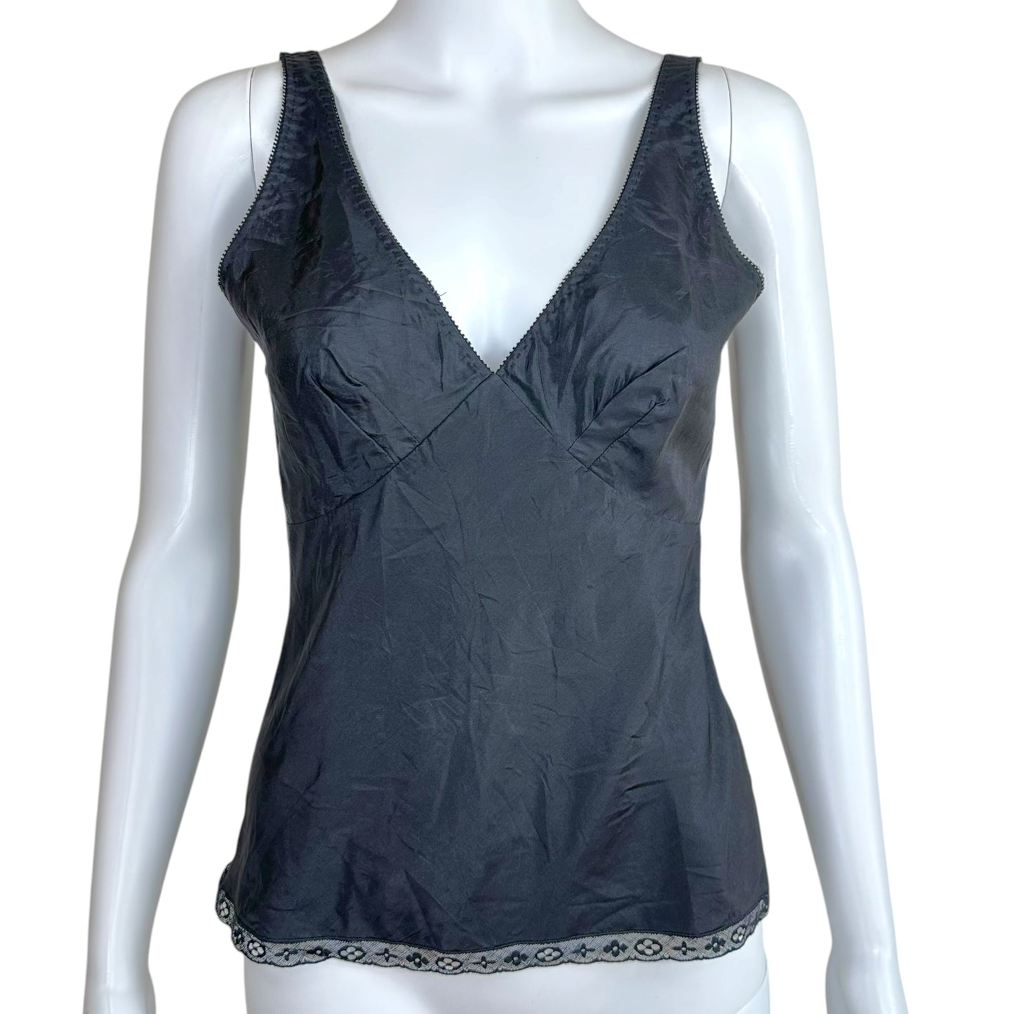 Louis Vuitton Black Silk Cami with Monogram Lace Trim