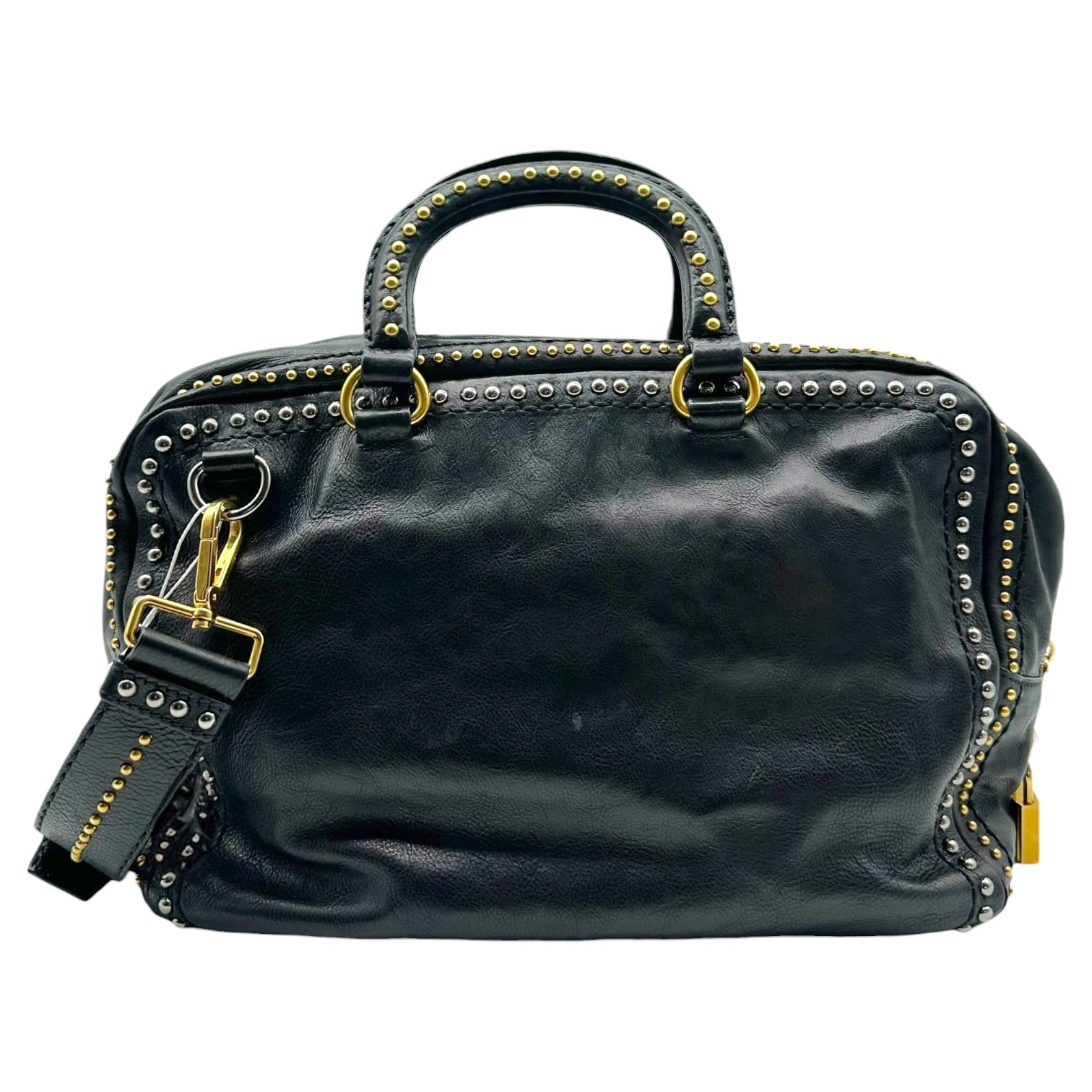 Prada Black Leather Studded 2-Way Bowler Bag