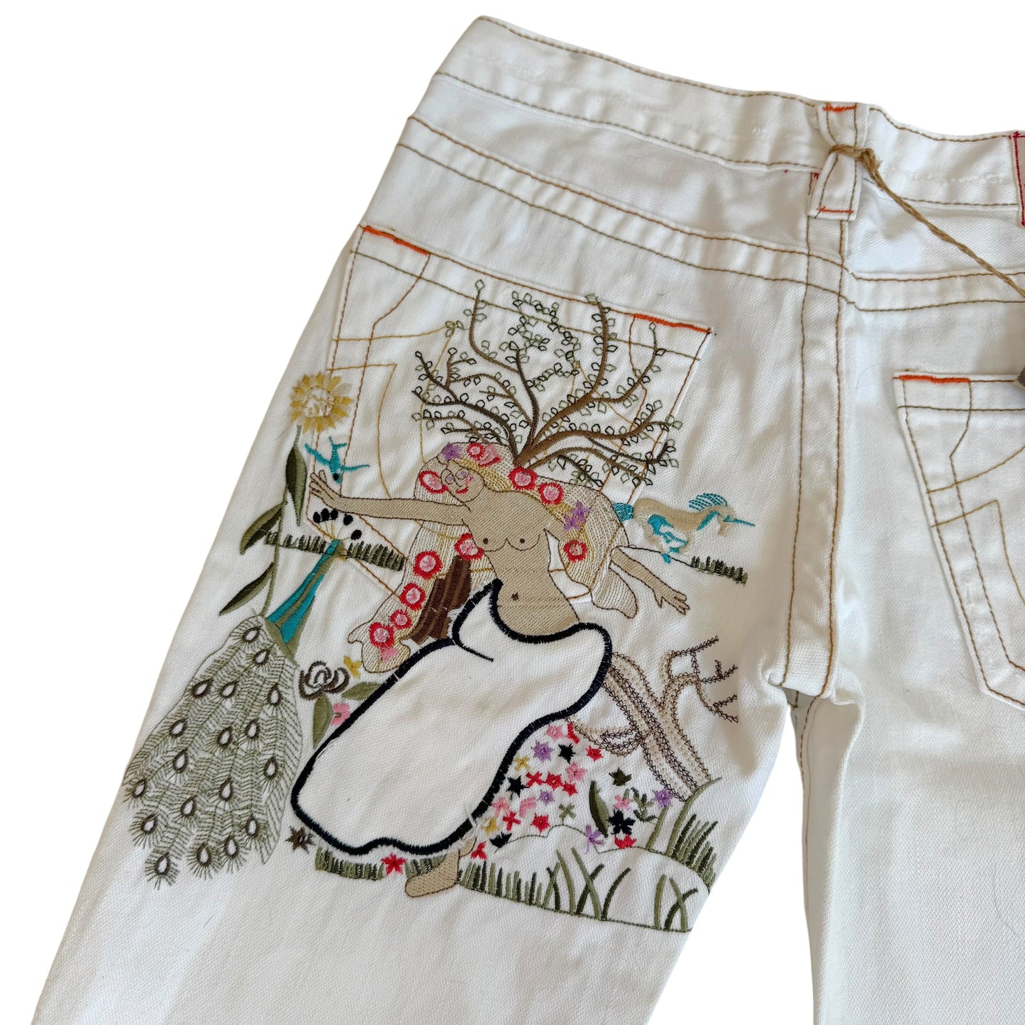 True Religion White Low Rise Flare Jeans with Embroidery