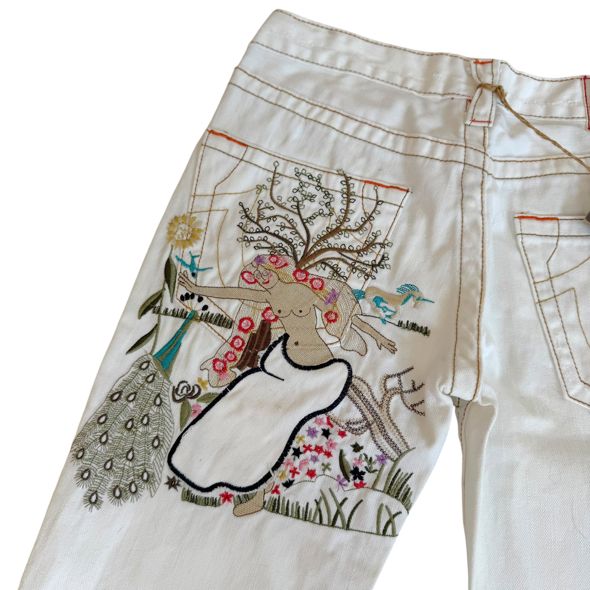 True Religion White Low Rise Flare Jeans with Embroidery