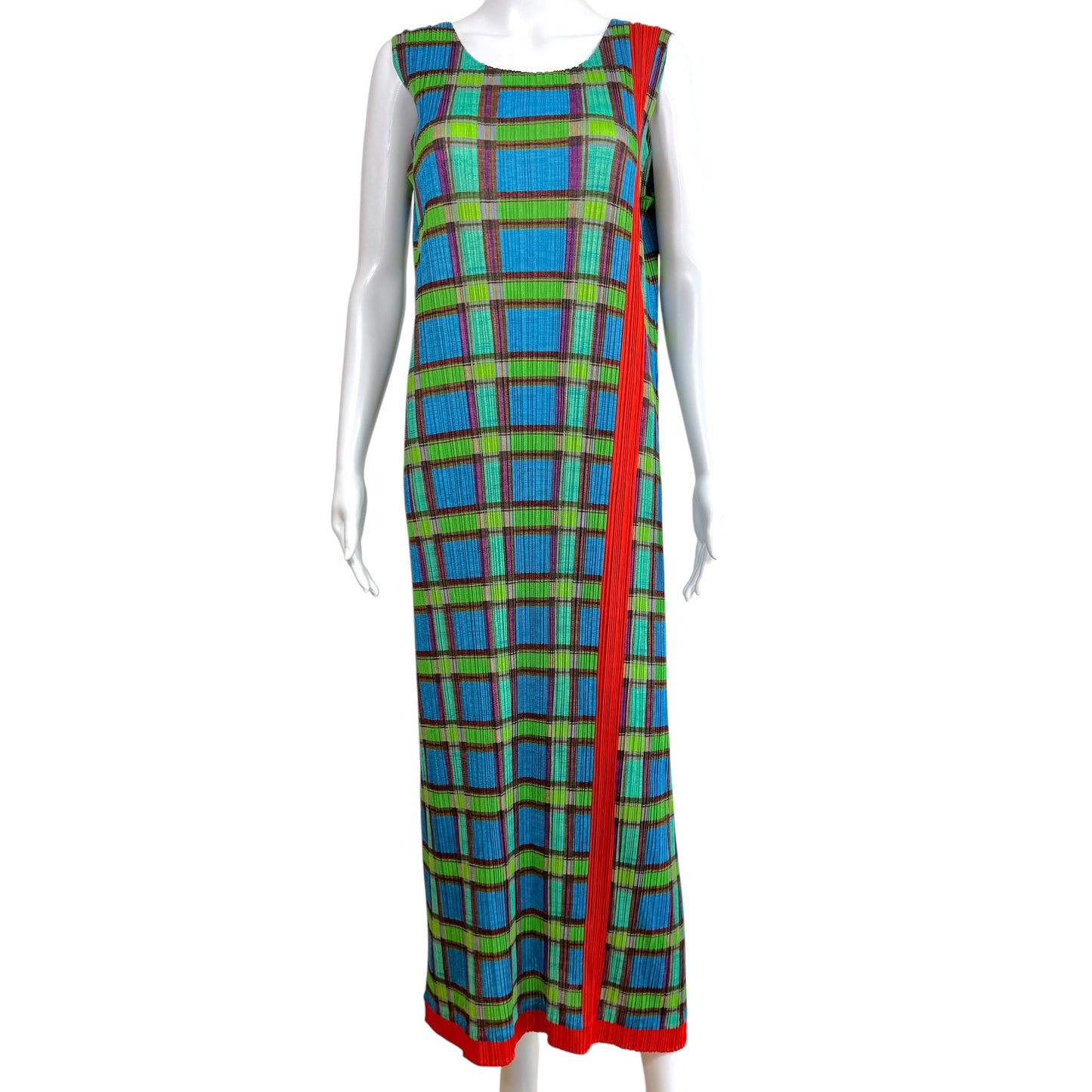 Issey Miyake Pleats Please Blue Green & Red Plaid Print Pleated Maxi Dress Sz 5