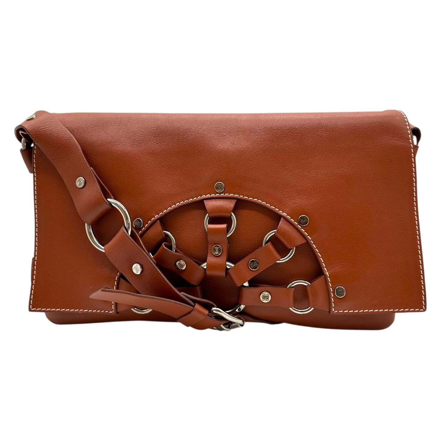 Celine Brown Leather Logo Studded Shoulder Bag