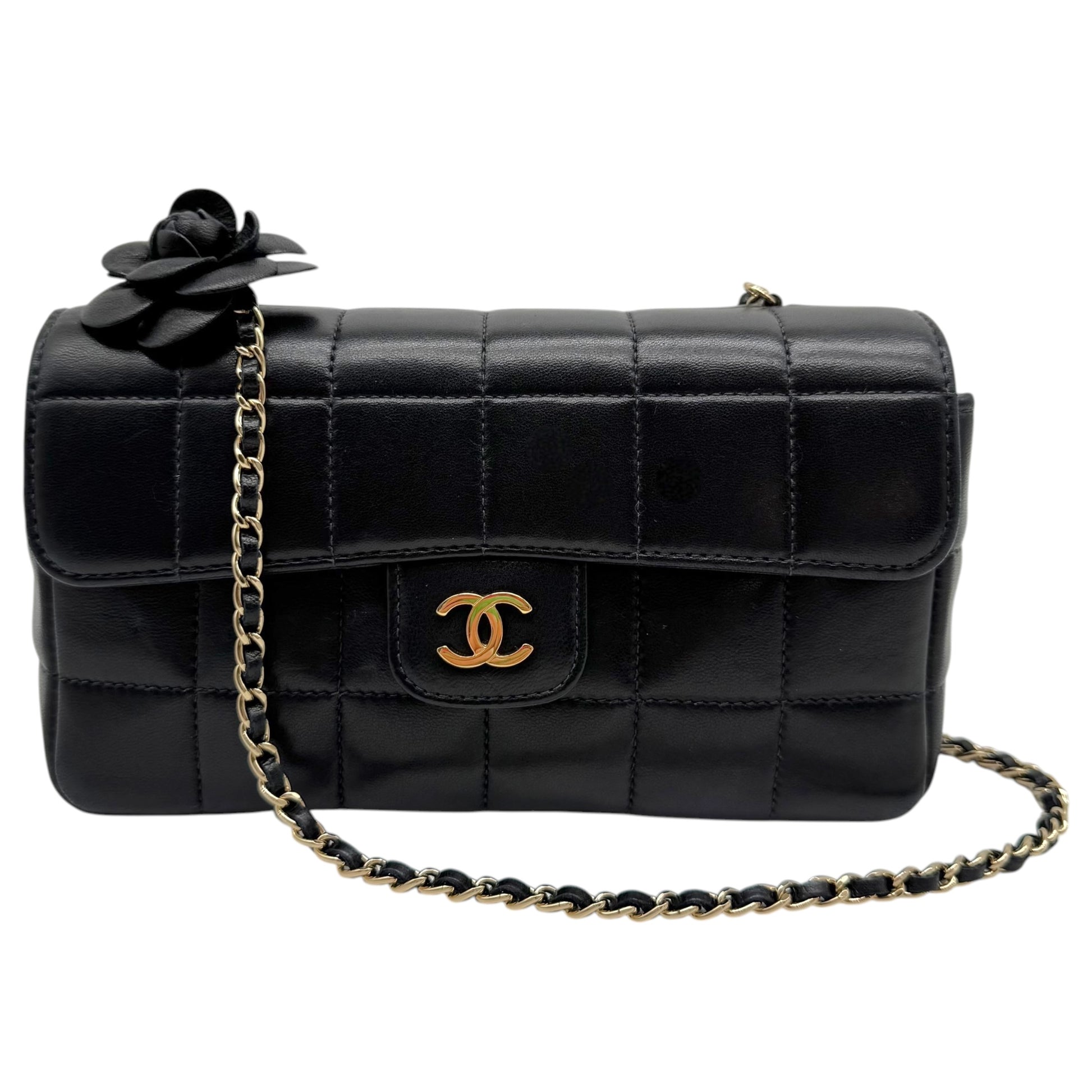 Chanel Black Lambskin Crossbody Flap Bag with Camellia