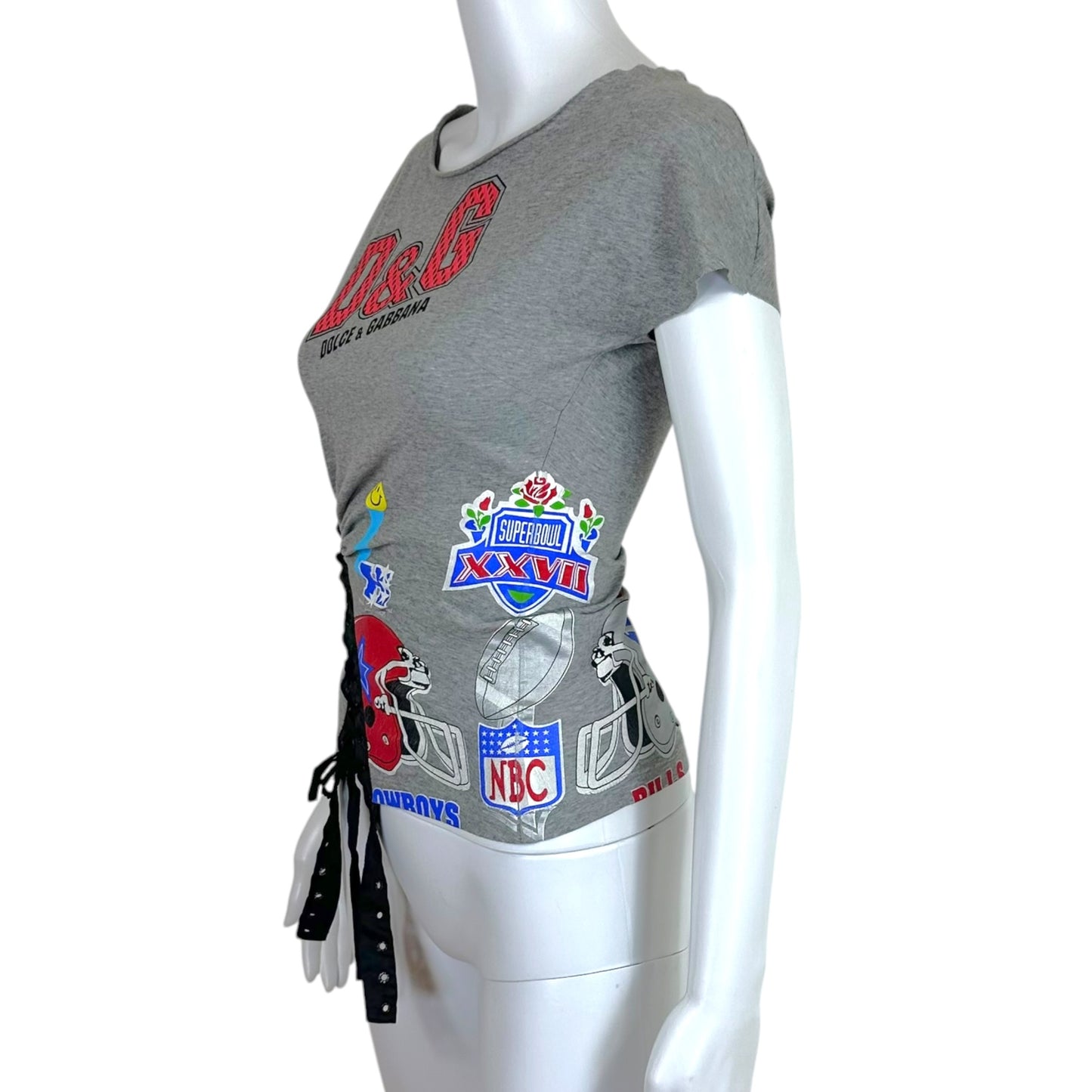 D&G Dolce & Gabbana Sports Graphic Lace Up Off-Shoulder T-Shirt
