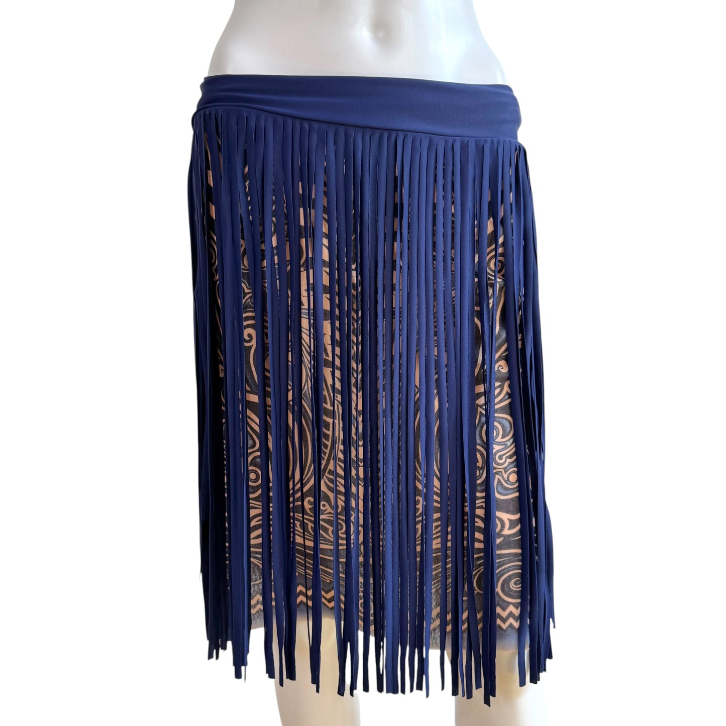 Jean Paul Gaultier Soleil Blue & Beige Tribal Print Mesh Midi Skirt w/ Fringe Overlay