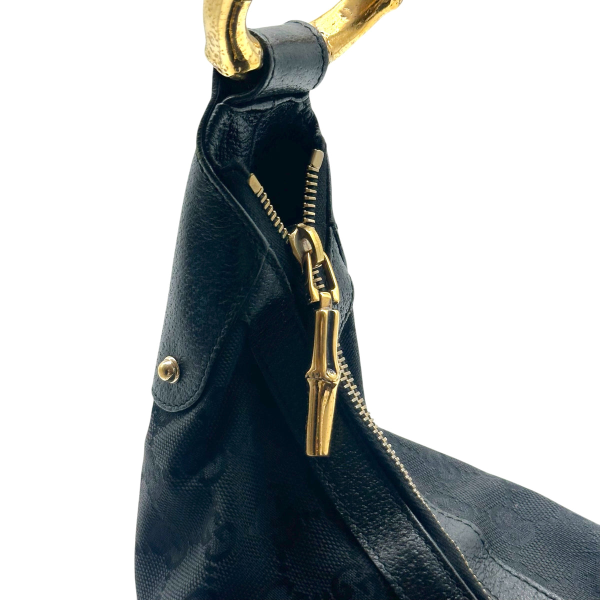 Gucci Black Monogram & Gold Bamboo Web Stripe Crescent Shoulder Bag